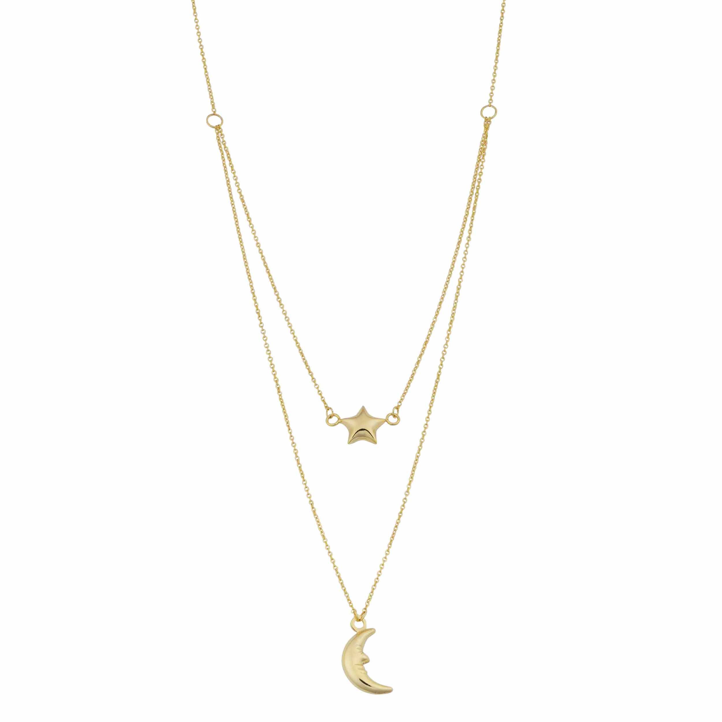 10K Yellow Gold Moon and Star Layered Necklace for Women - 17 Inch Dainty Celestial Jewelry - Perfect for Everyday Wear, Gifts & Special Occasions