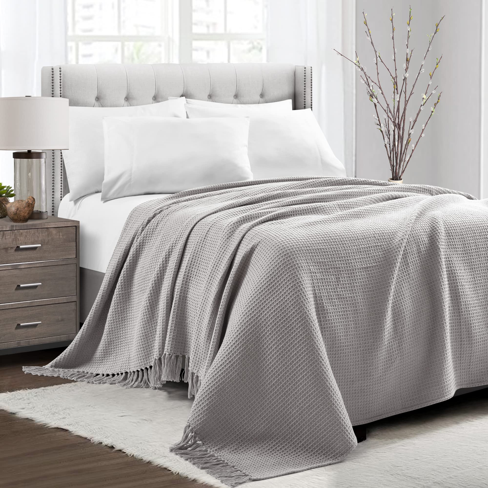 Lush Decor Waffle Knit Cotton Throw Blanket King Size Light Gray - Ultra Soft & Lightweight Waffle Weave Blanket with Tassel Fringe - Oversized Cozy Blanket for Bed, Couch, Sofa - Perfect for Boho, Farmhouse & Modern Home Decor - Great for Lounging, Netflix Nights & Guest Rooms