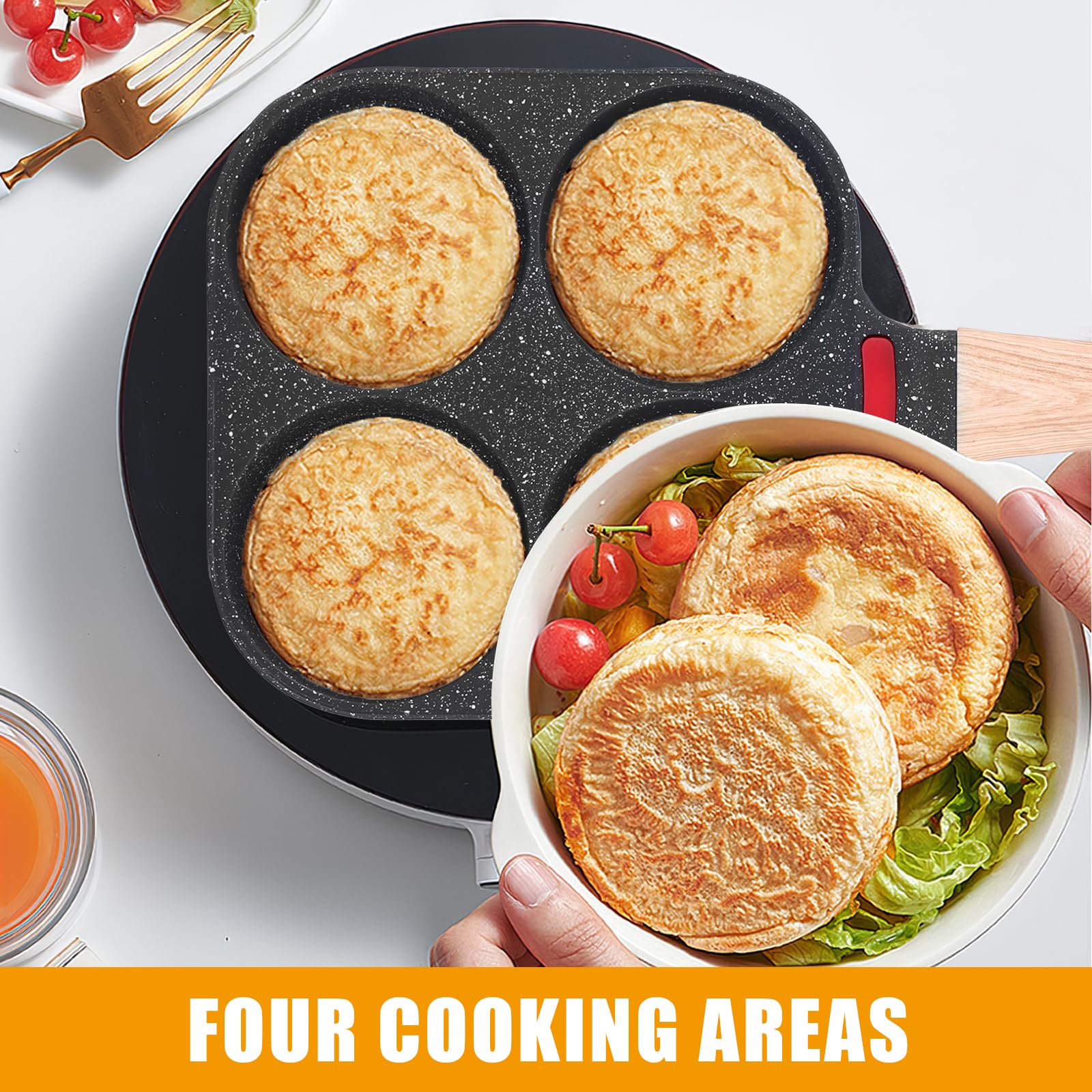 COZHYESS Nonstick 4-Hole Egg Frying Pan with Lid - Perfect for Pancakes, Omelets & Burger Buns - Gas Stove Compatible - Ideal for Breakfast, Brunch & Family Cooking