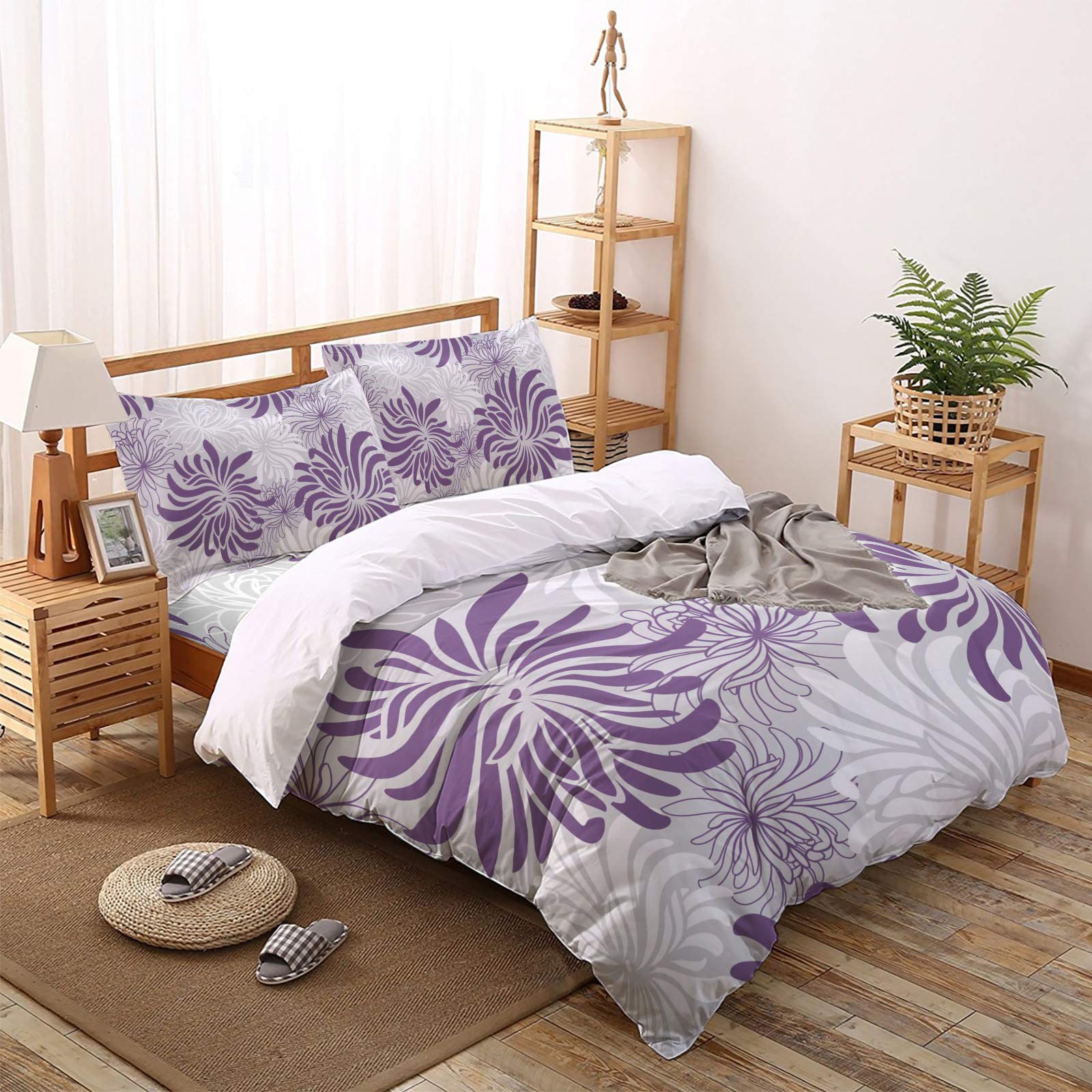 Soft Purple Flower Chrysanthemum Zipper Duvet Cover Set - Full Size Comforter Cover with Twill Plush Bed Sheets for Girls & Boys | Cozy Bedroom Decor for Kids & Teens