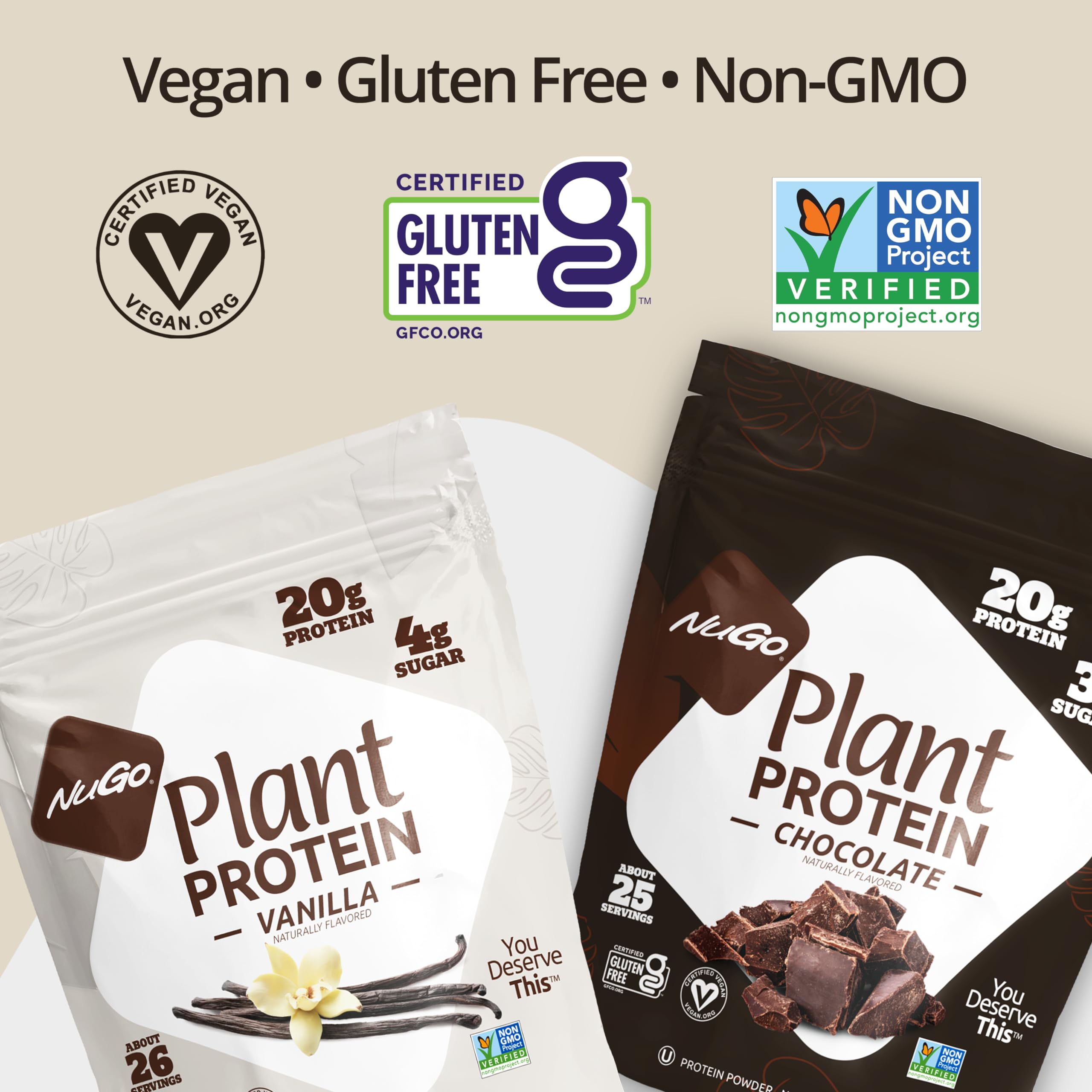 NuGo Plant Protein Powder - Chocolate Flavor, 20g Vegan Pea Protein, Low Sugar, Gluten Free, Dairy Free, Soy Free, Non-GMO, Kosher Certified (25 Servings) - Perfect for Smoothies, Shakes & Post-Workout Recovery