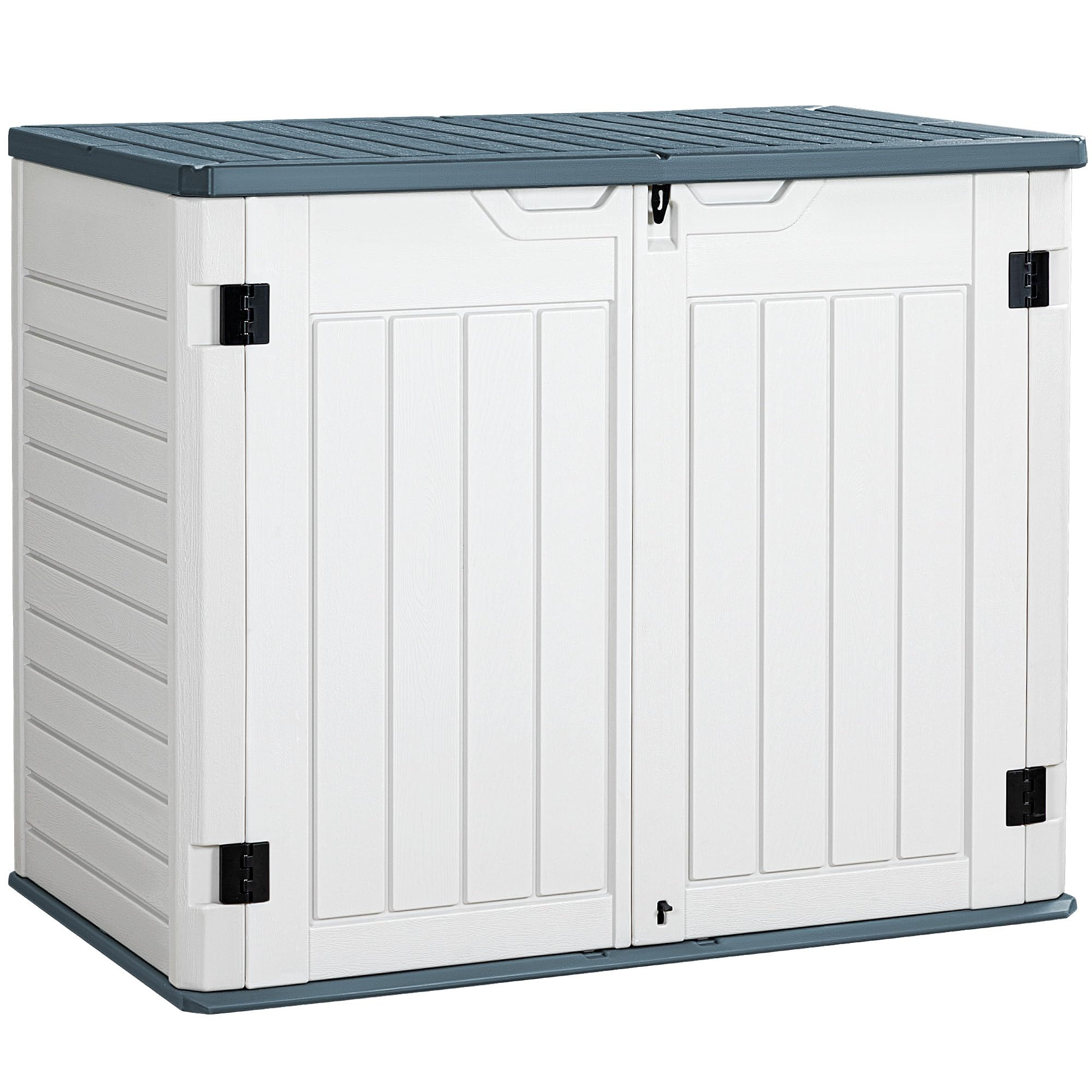 Greesum 34 Cu. Ft. Outdoor Horizontal Resin Storage Shed - Weather Resistant Large Capacity Tool Shed for Bikes, Garbage Cans & Lawn Mowers - Perfect for Backyard, Garage & Garden Organization (White, No Divider)