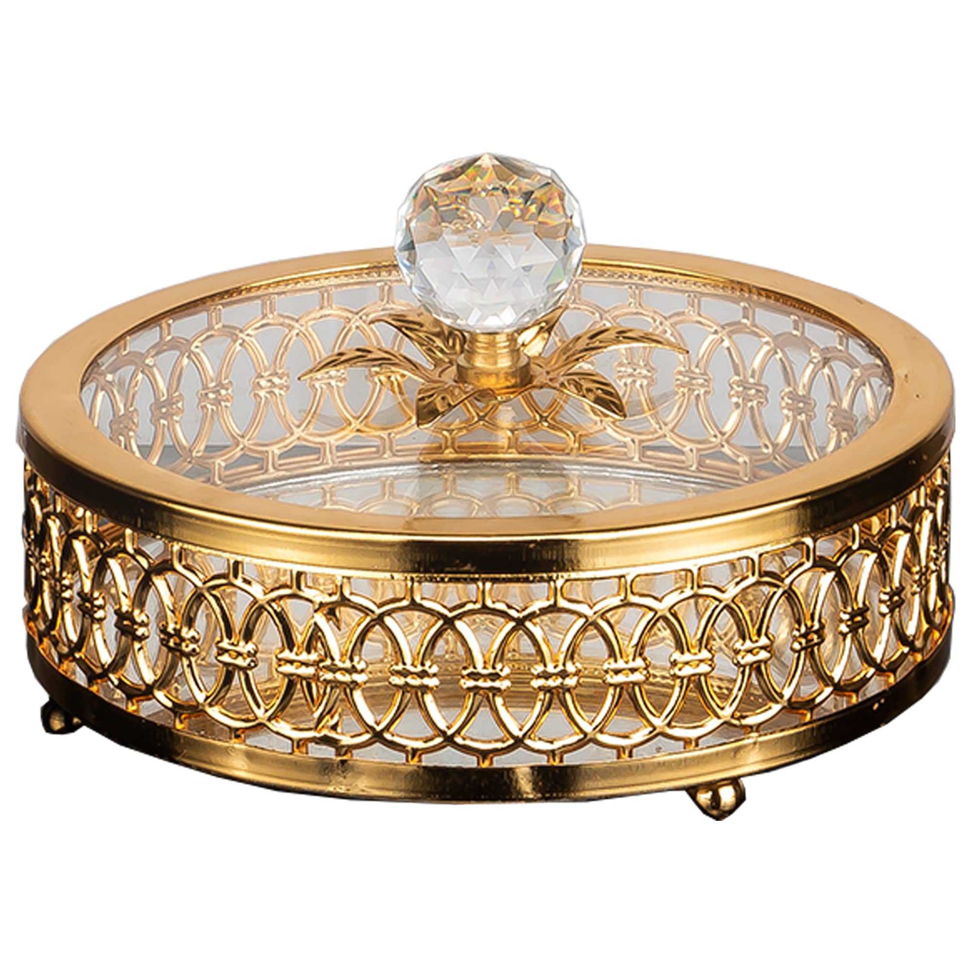 Handmade Gold Glass Candy Dish with Crystal Lid - Elegant Footed Sugar Bowl for Office Desk, Party, Wedding & Home Decor - Premium Serving Jar for Candy, Nuts & Treats