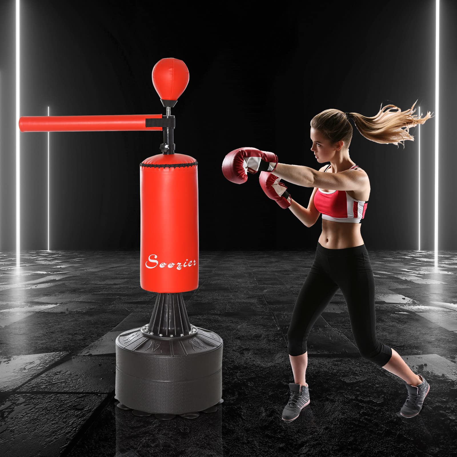 Soozier Freestanding Punching Bag Stand with Rotating Flexible Arm - Adjustable Speed Ball - Water/Sand Fillable Base for Boxing Training, Home Gym & Martial Arts Practice