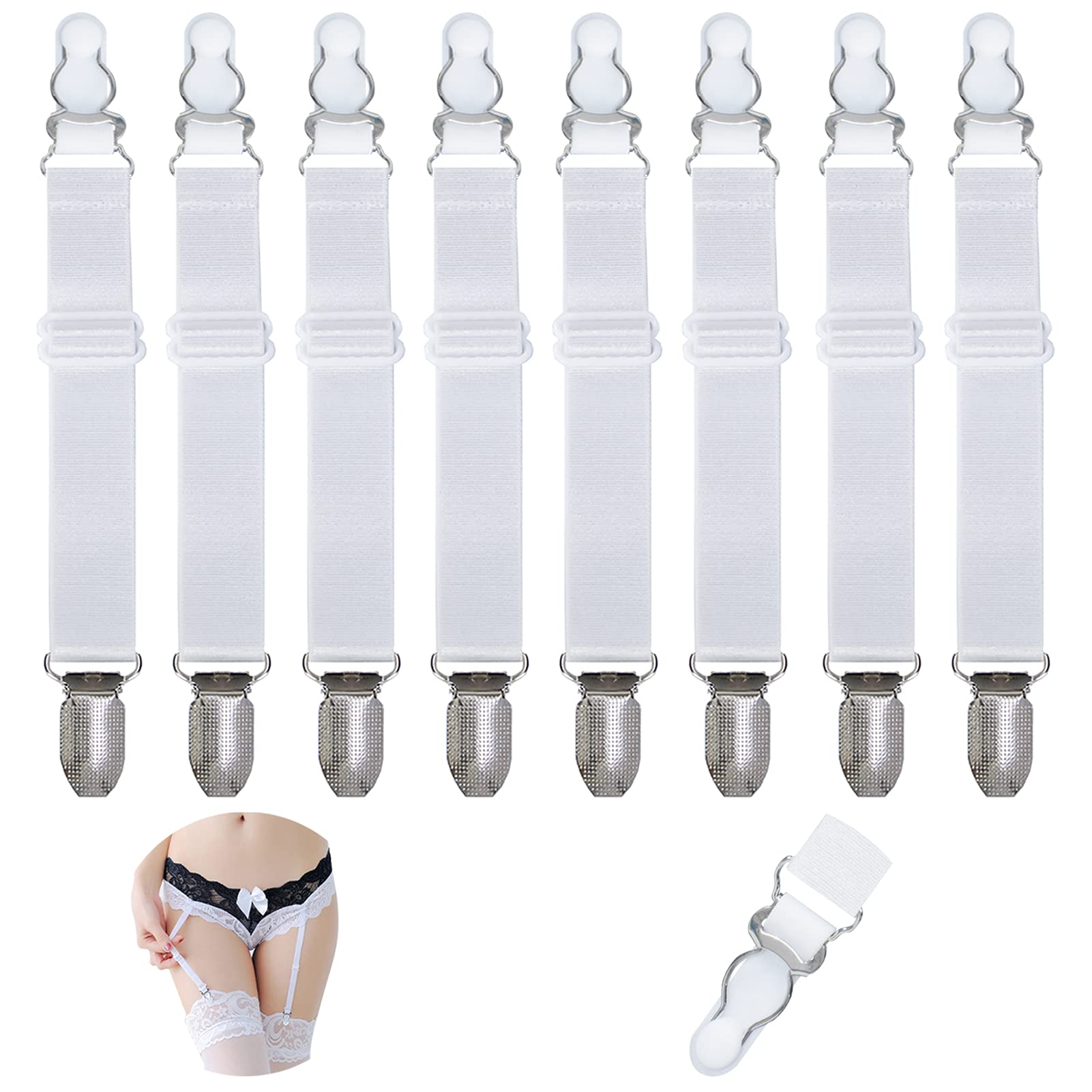 8 Pcs Adjustable Stocking Clips - Elastic Garter Straps for Thigh High Socks & Stockings (White) | Perfect for Lingerie, Cosplay & Fashion Accessories