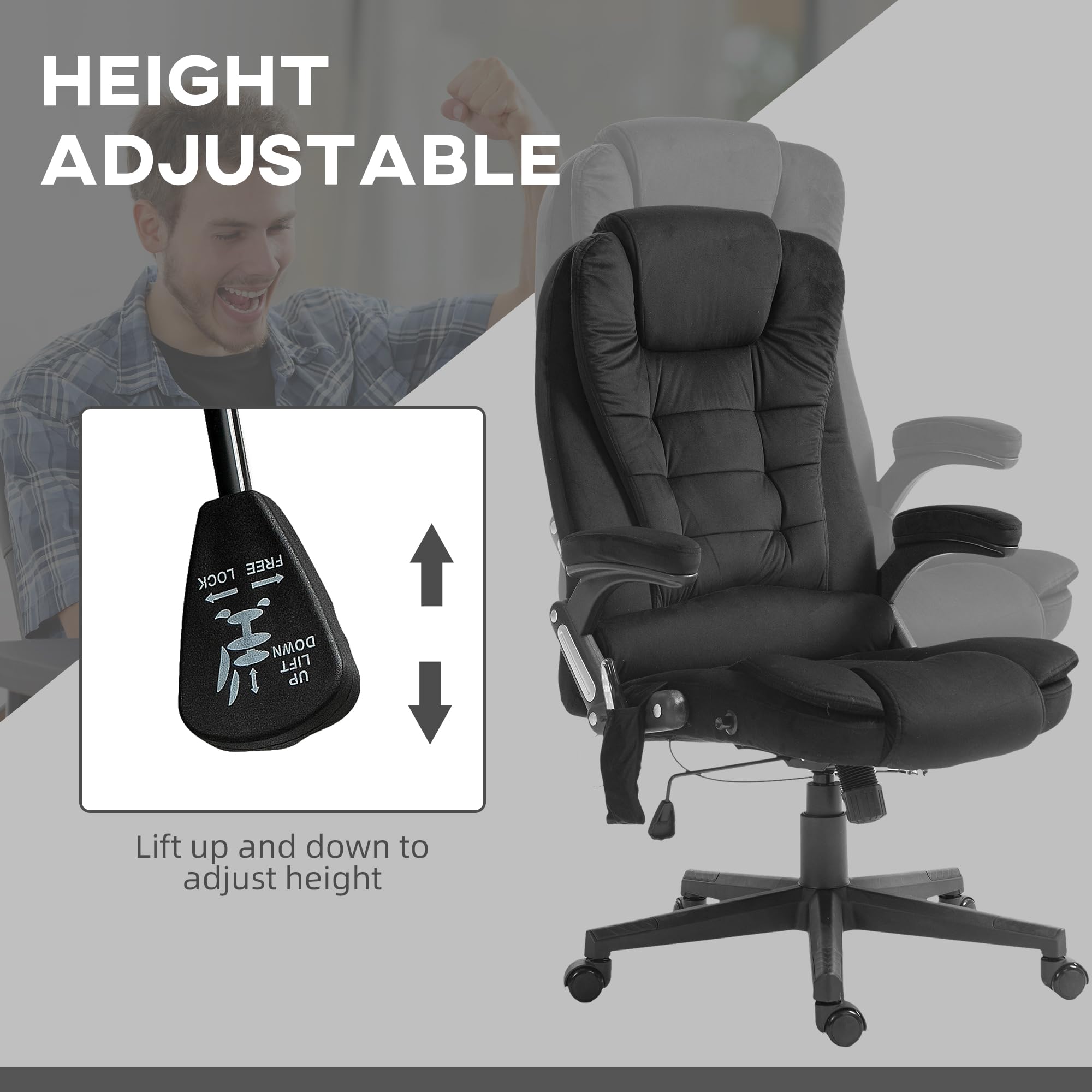 HOMCOM 6-Point Vibrating Massage Office Chair with Heating - High Back Executive Chair with Reclining Function, Padded Armrests & Remote Control - Velvet Upholstered Ergonomic Desk Chair for Home Office, Gaming & Relaxation - Black
