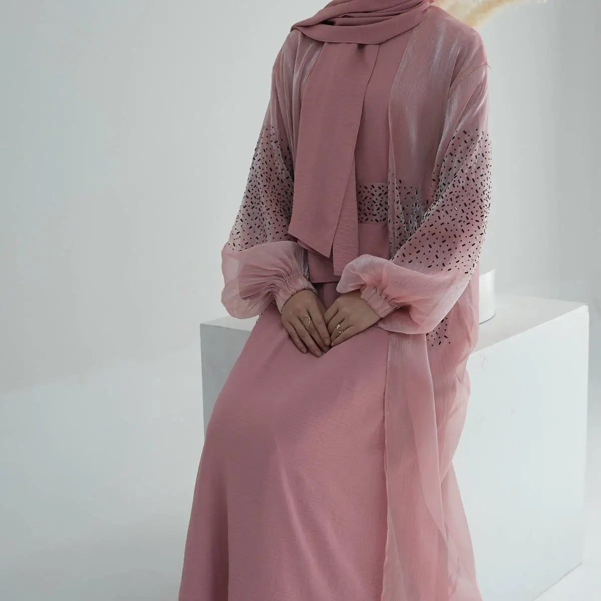 2 Piece Set Bright Wrinkle Puff Sleeve Open Abaya Dress - Elegant Muslim Women's Prayer Dress for Mosque, Eid & Special Occasions