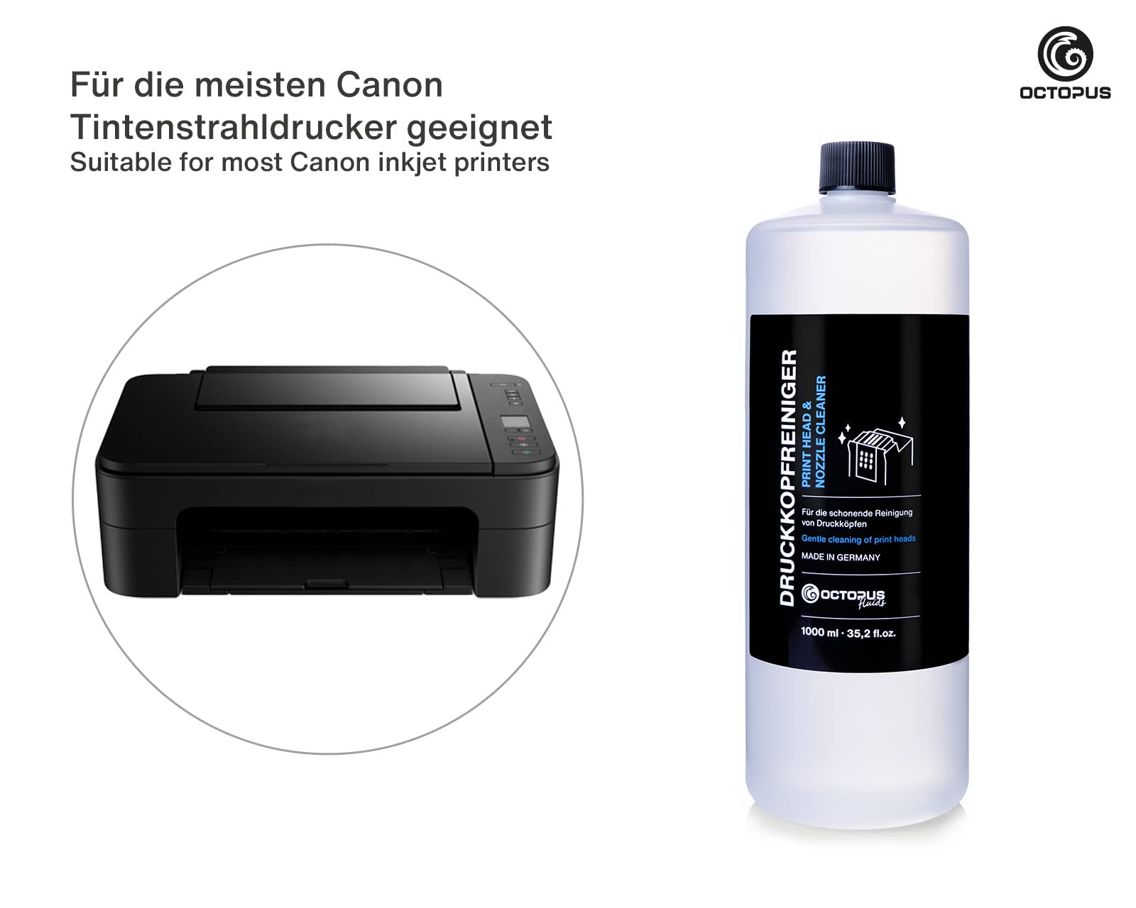 Octopus Nozzle Cleaner for Canon Pixma Print Heads - 1000ml Print Head Cleaning Solution with Hose Adapters | Compatible with Canon Inkjet Printers | Perfect for Home & Office Printer Maintenance