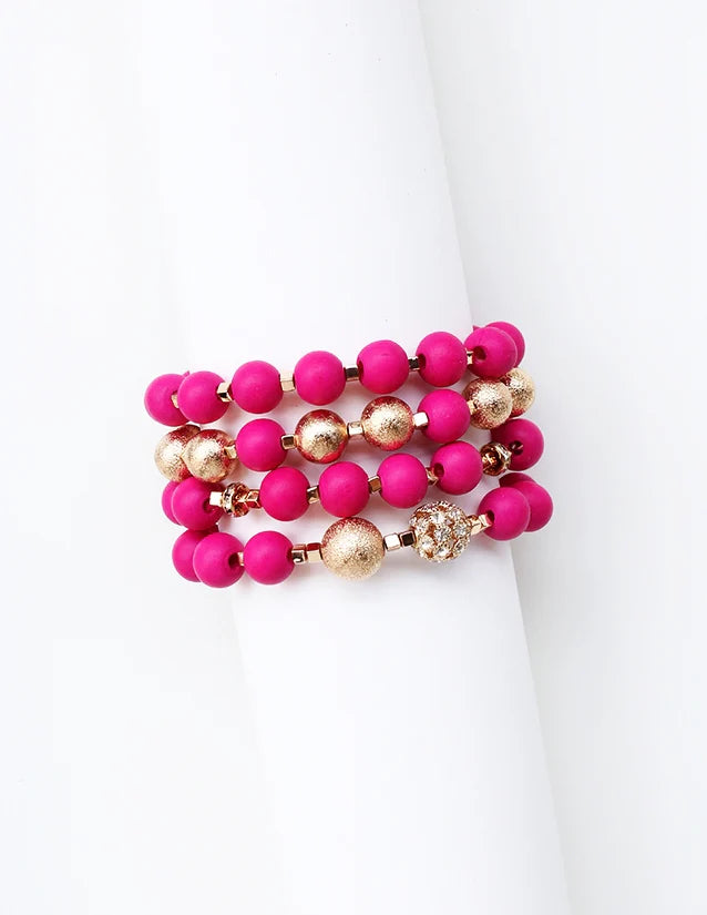 Stylish Hot Pink Wood Beaded & Gold Stretch Bracelet Set - Boho Chic Jewelry for Women, Perfect for Parties, Weddings & Everyday Wear