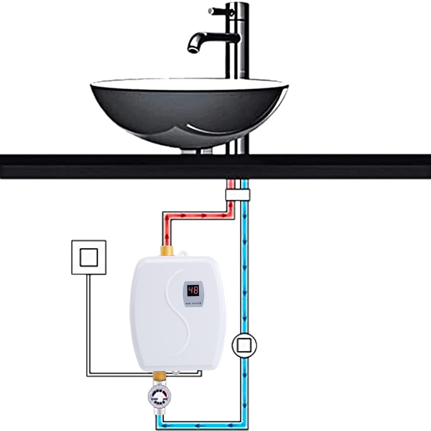 3000W Electric Tankless Water Heater - Instant Hot Water On Demand, Adjustable Temperature 68°F~126°F, Compact 7.8