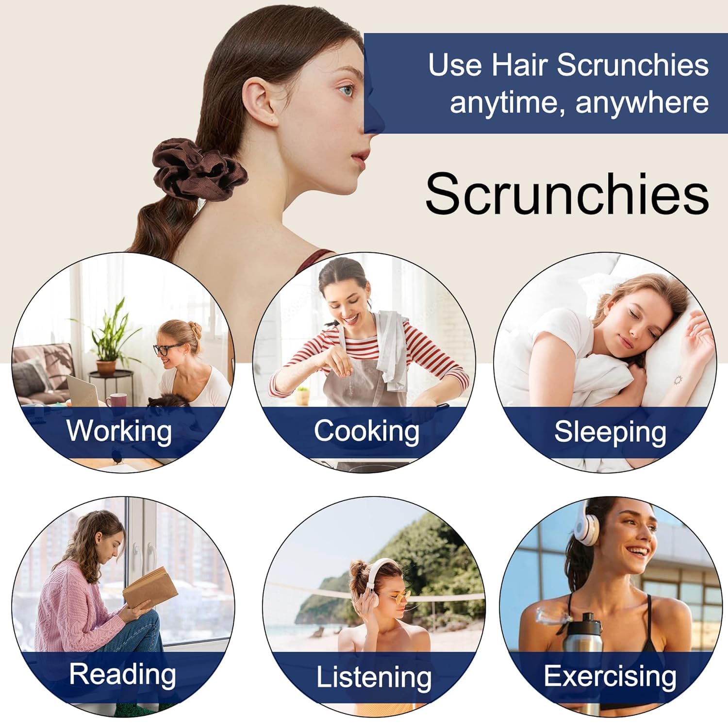 BAKEFY 6-Pack Black Satin Silk Hair Scrunchies - Soft No Damage Hair Ties for Women & Girls, Elastic Ponytail Holders for Sleep, Workout, and Everyday Use