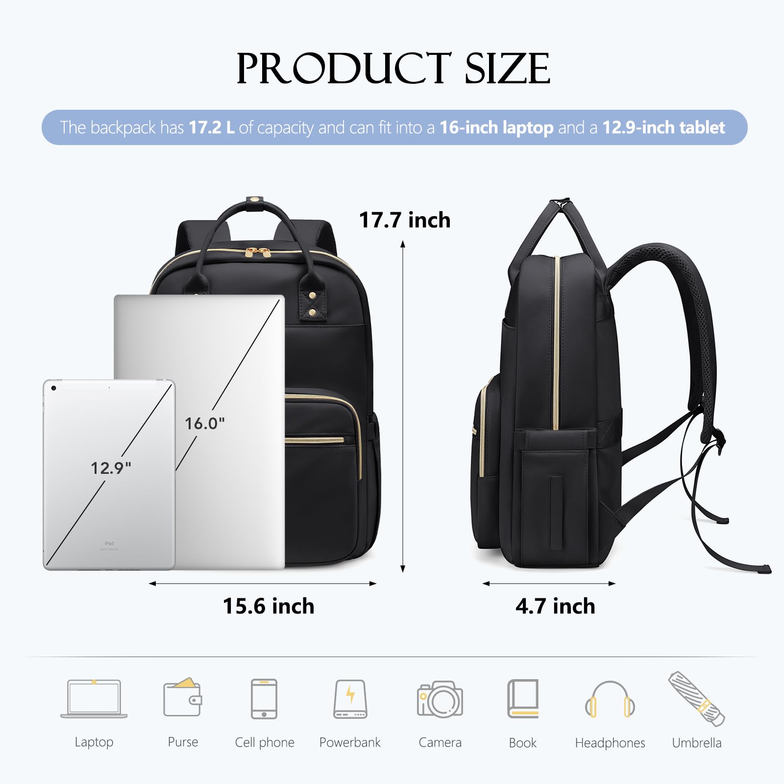 Waterproof 16 Inch Laptop Backpack for Women - Stylish Teacher & Nurse Work Bag with Dedicated Laptop Compartment - Perfect for College, Travel, Business Trips & Daily Commute | Durable Carry-On Daypack in Black