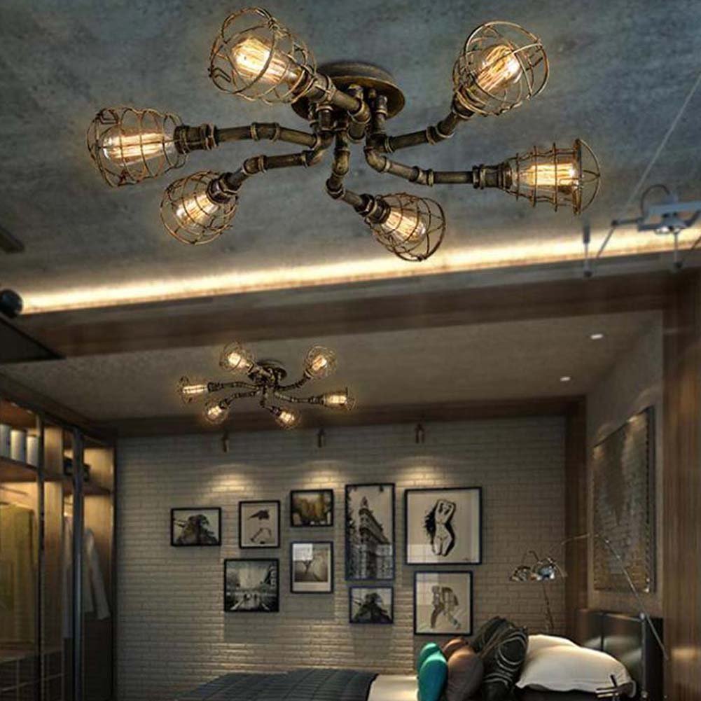 Vintage Industrial Flush Mount Ceiling Light - 6-Light Cage Pipe Pendant Lamp with Retro Iron Metal Design & Edison Bulbs - Perfect for Dining Rooms, Restaurants, Cafes & Loft Spaces