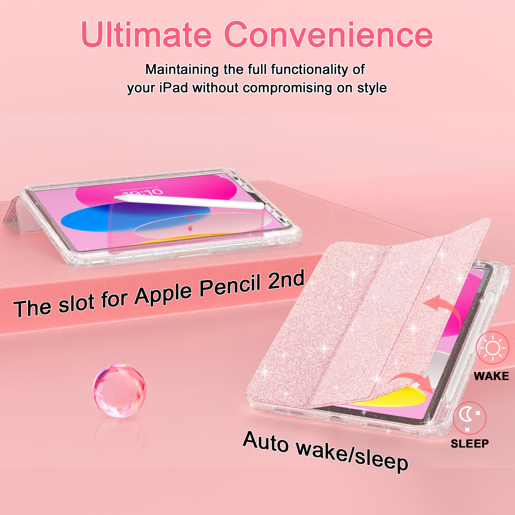Premium iPad Air 11 Inch Case 2024 & iPad Air 5th/4th Gen 10.9 Inch Case (2022/2020) - Sparkly Glitter Trifold Stand Leather Cover with Pencil Holder, Auto Wake/Sleep & Clear TPU Back (Rose Gold) - Perfect for Work, School & Travel Protection