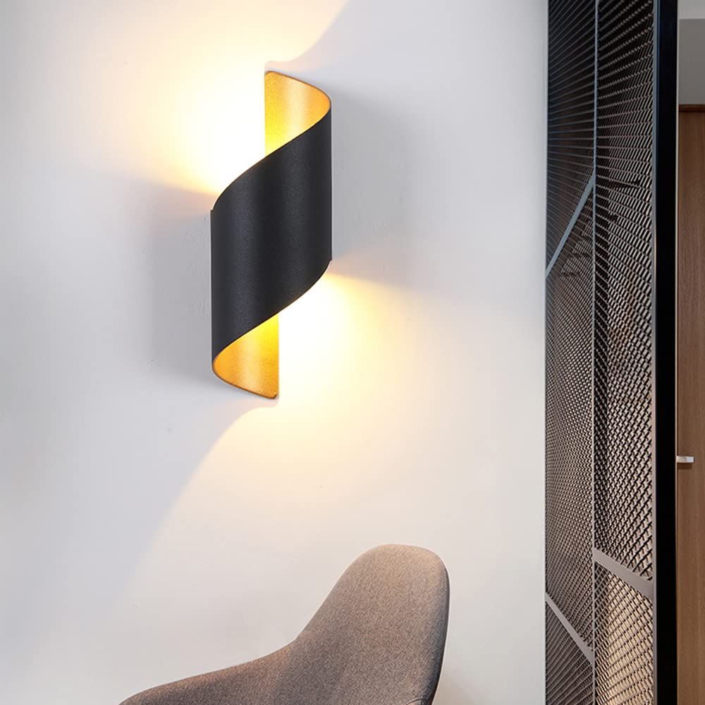 LITFAD Modern Spiral LED Wall Sconce - Black & Gold Metal Decorative Light Fixture with Warm White Glow (110V-120V) for Bedroom, Living Room, Hotel & Restaurant Lighting