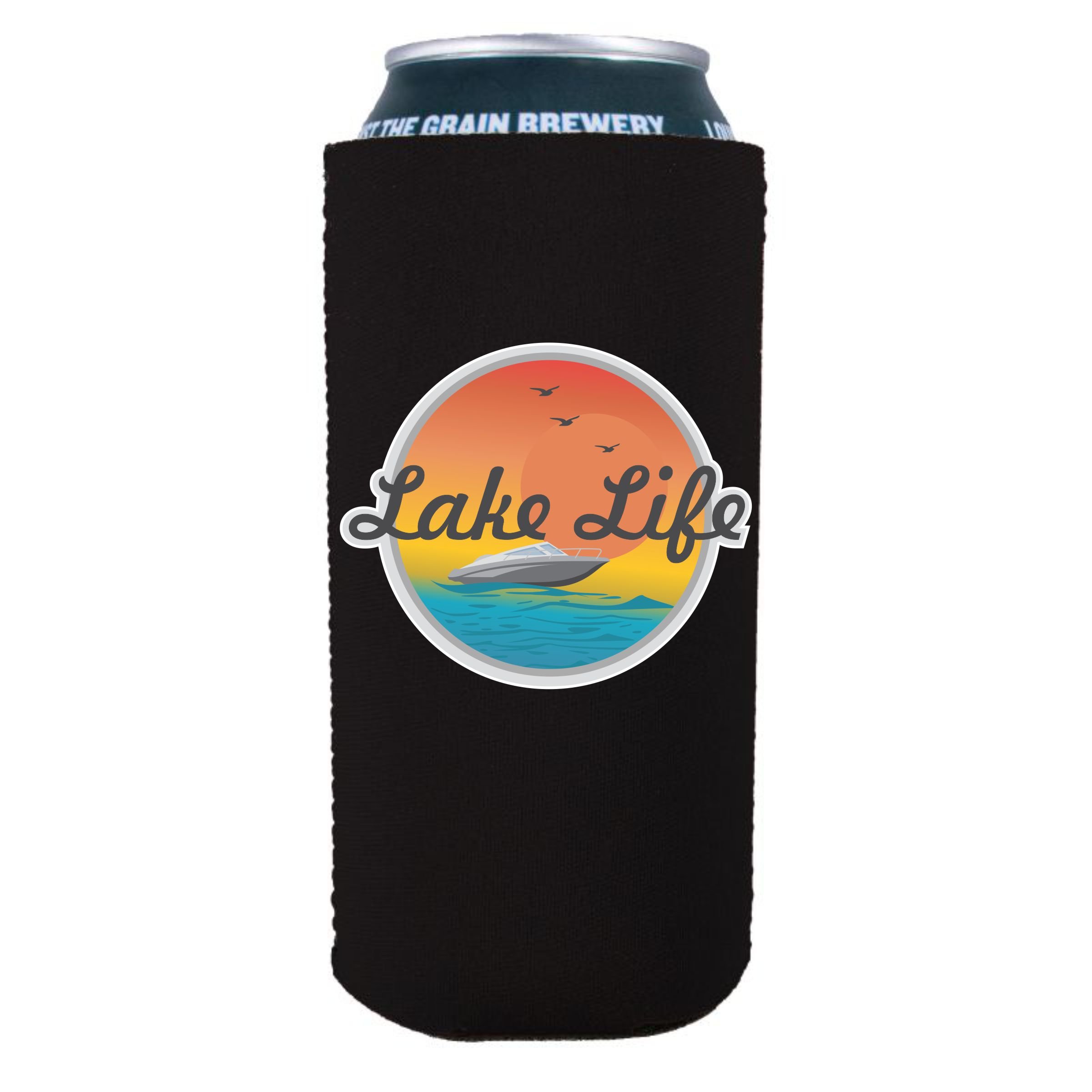 Lake Life 16 oz. Can Cooler - Insulated Beer Koozie for Cans & Bottles - Perfect for Camping, BBQs & Beach Parties (Black)