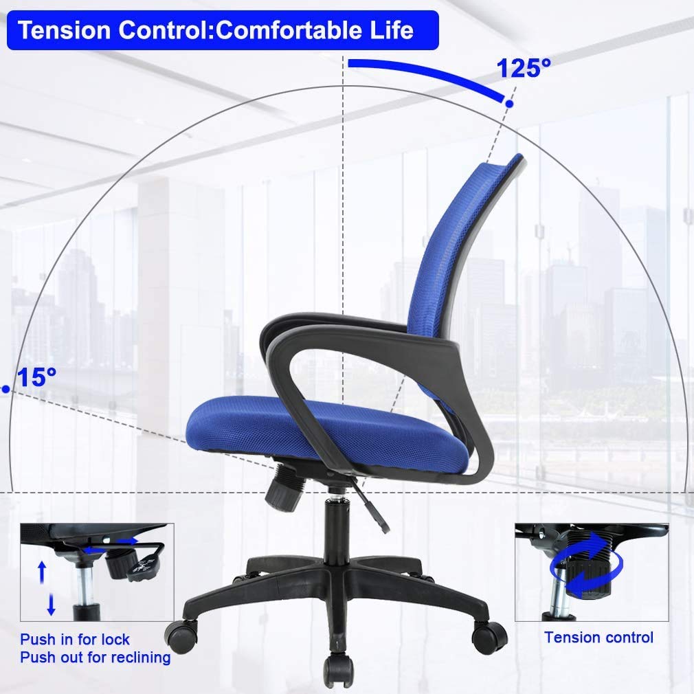 Ergonomic Office Chair with Lumbar Support - Mesh Computer Desk Chair, Mid Back Swivel Task Chair with Adjustable Armrests for Home & Office Use - Comfortable Blue Work Chair for Long Hours Sitting