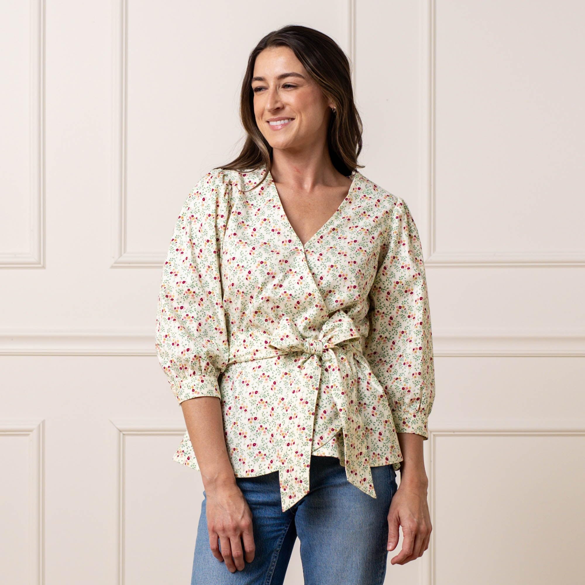 Hope & Henry Women's Puff Sleeve Wrap Shirt - Flowy Blouse for Work & Date Night | Stylish Tops for Office, Cocktail Parties & Casual Outings