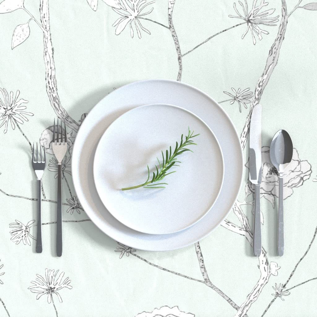Premium Cotton Sateen Tablecloth 70x90 Inches - Modern Peony Duck Egg Chinoiserie Pattern in Gray Green Blue | Custom Dining Table Linens for Weddings, Parties & Home Decor