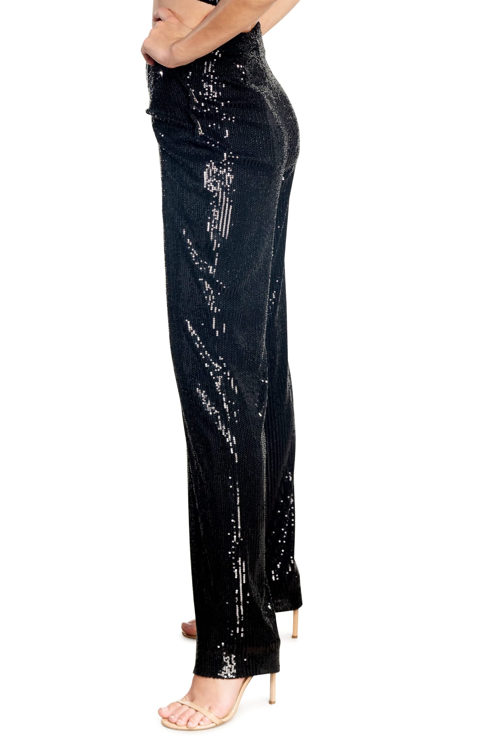 Dress the Population Women's Dina Sequin Classic Pants - Elegant High Waisted Wide Leg Trousers for Party, Evening & Special Occasions