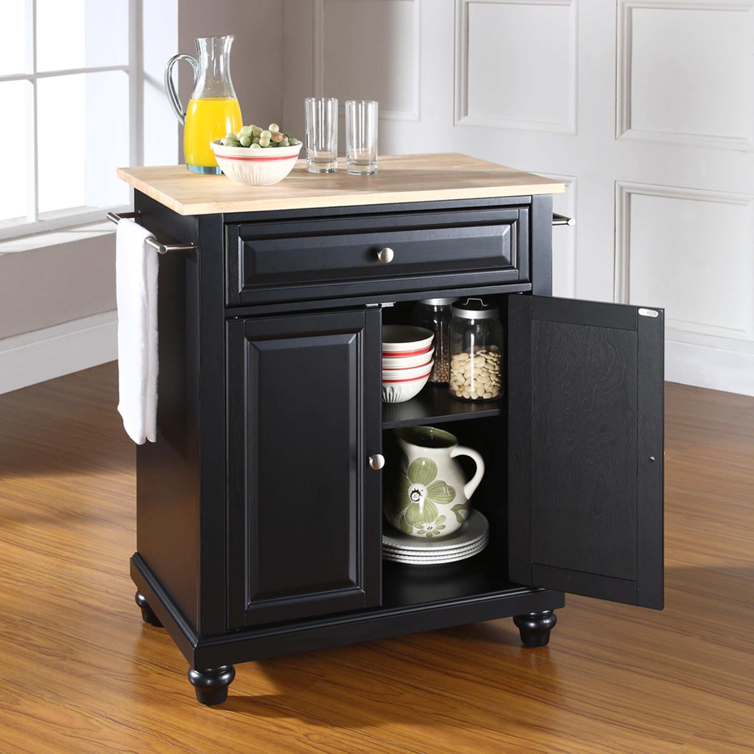 Crosley Cambridge Wood Top Portable Rolling Kitchen Island Cart with Storage - Microwave Stand, Small Kitchen Organizer, Black - Perfect for Small Kitchens, Apartments & Dorm Rooms