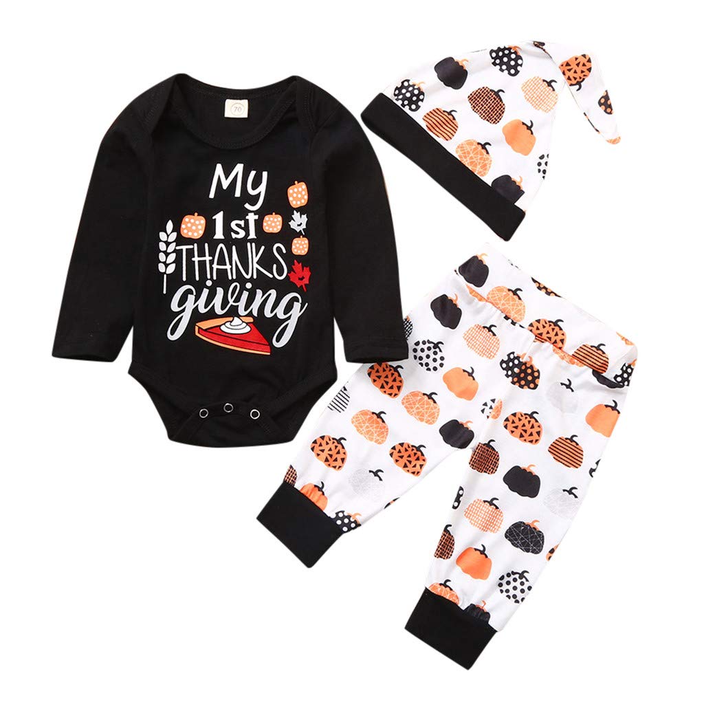 WOCACHI 3-Piece Christmas Baby Outfit Set for Newborn Boys - Thanksgiving Pumpkin Romper, Pants & Hat - Velvet First Christmas Decoration - Perfect for Holiday Photos, Family Gatherings & Festive Celebrations
