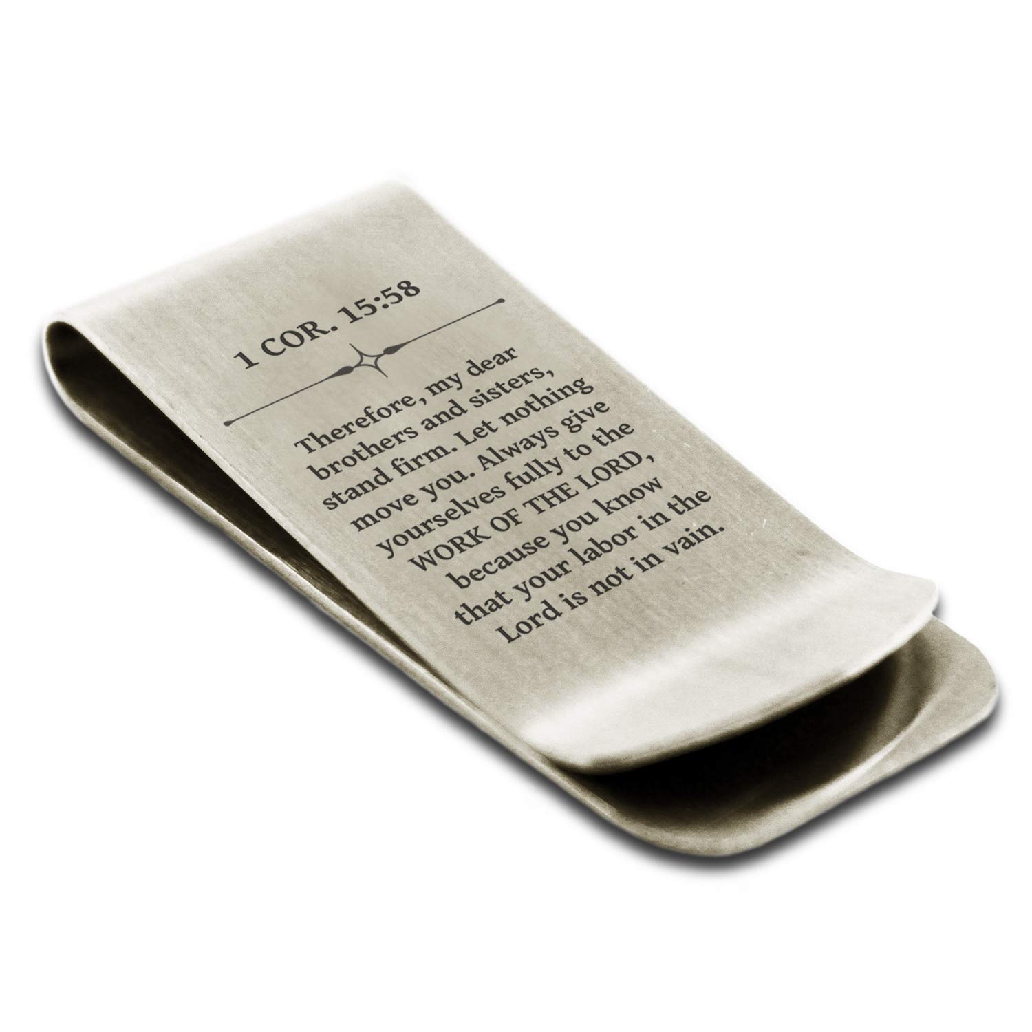 Stainless Steel Money Clip Credit Card Holder with Engraved Bible Verse - 1 Corinthians 15:58 'Work Is Not in Vain' - Perfect Gift for Men, Graduation, Baptism & Daily Wallet Organizer