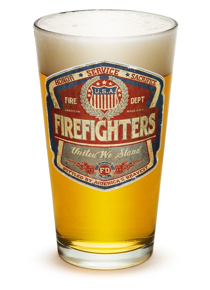 Erazor Bits Firefighter Beer Pint Glasses - 16oz Classic Premium Highball Cocktail Mixing Glasses (Set of 24) - Perfect for Cold Beverages, Parties & Bars - Fireman Themed Drinking Glass with Logo