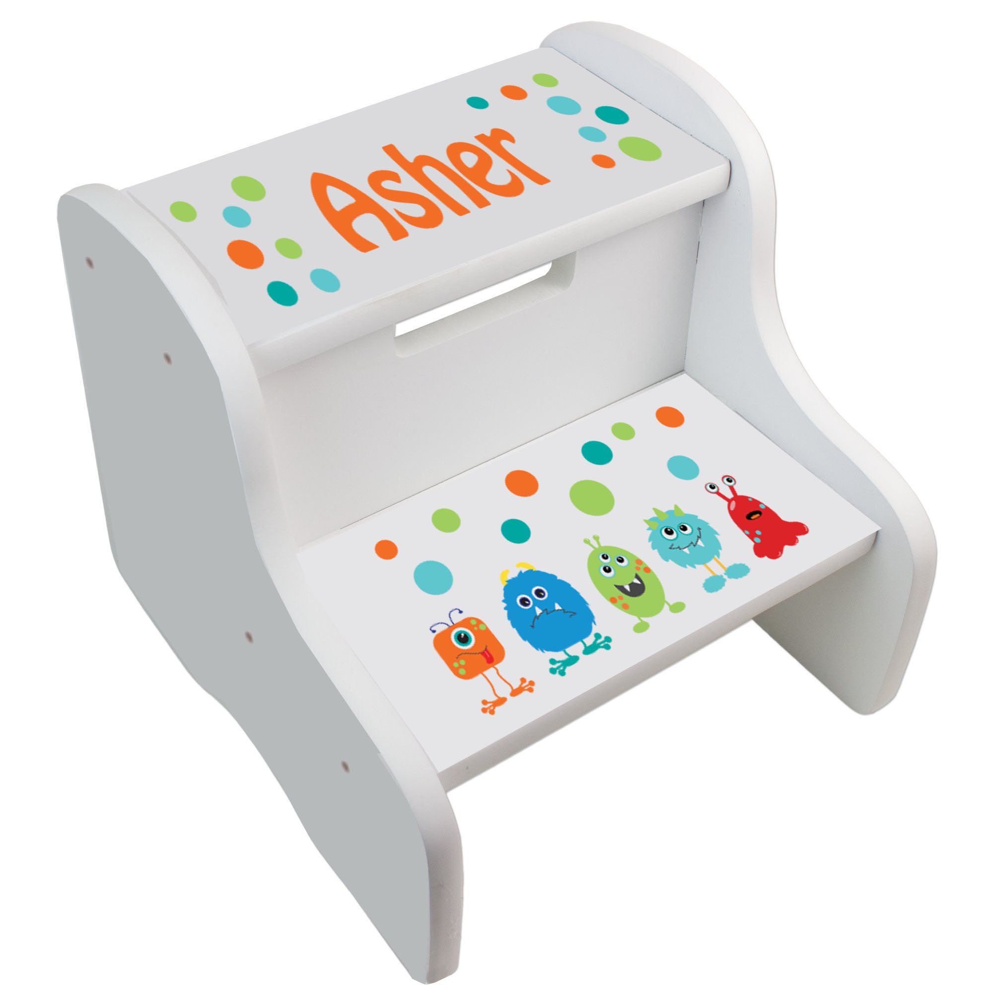 Personalized Monster White Step Stool for Kids - Non-Slip Toddler Stool for Bathroom, Kitchen & Playroom - Custom Name Children's Step Ladder
