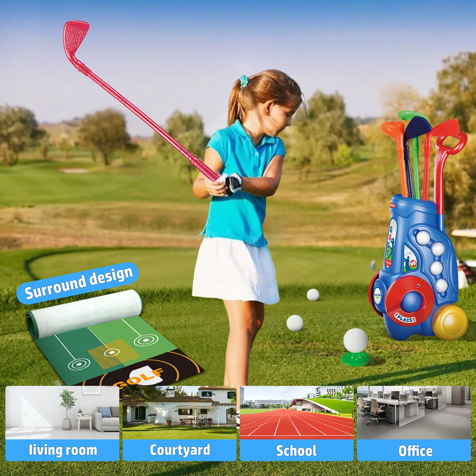 2 in 1 Kids Golf Club Play Set with Golf Board, 4 Golf Balls & Clubs - Portable Storage Bin - Perfect Indoor/Outdoor Golf Toys for Toddlers Age 3+ - Ideal Birthday Gift for Boys & Girls - Great for Backyard Play, Birthday Parties & Family Fun Activities