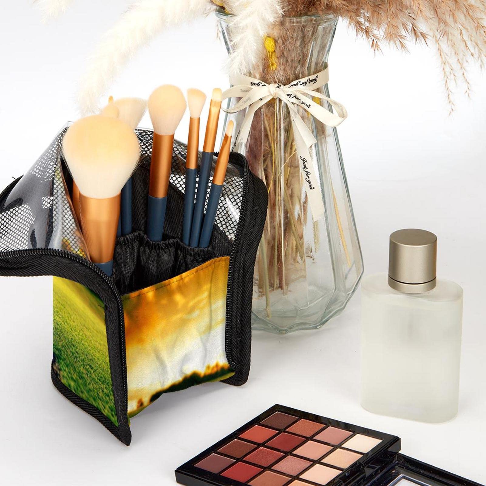 Premium Makeup Brush Organizer Bag with 12 Slots - Portable Cosmetic Brush Holder Case with Baseball Hole & Sunset Design for Travel, Home Vanity, and Professional Makeup Artists