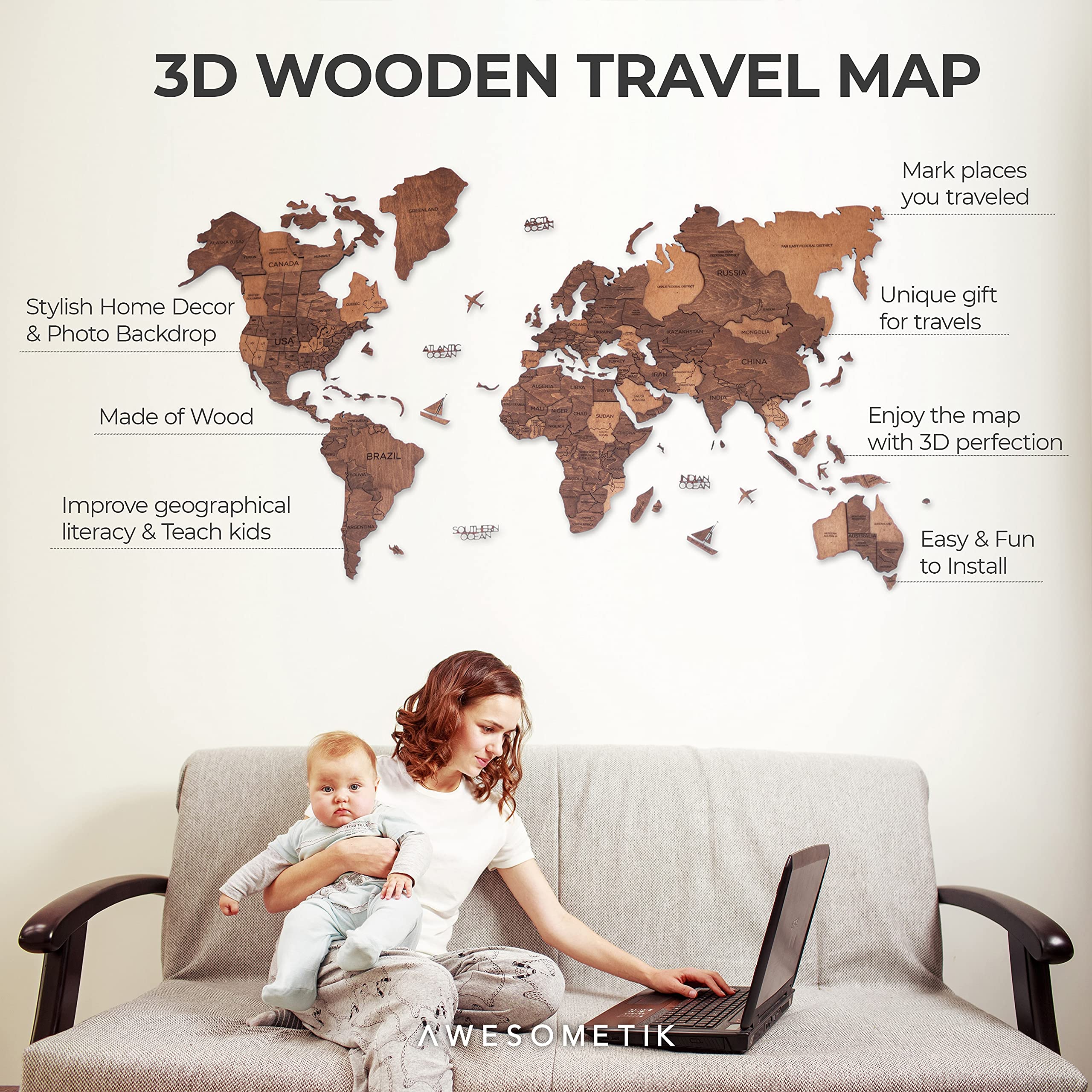 Handmade 3D Wooden World Map Wall Art - Large Oak Wood Wall Decor for Home, Office & Kitchen - Perfect for Travel Tracking & Stylish Interior Design