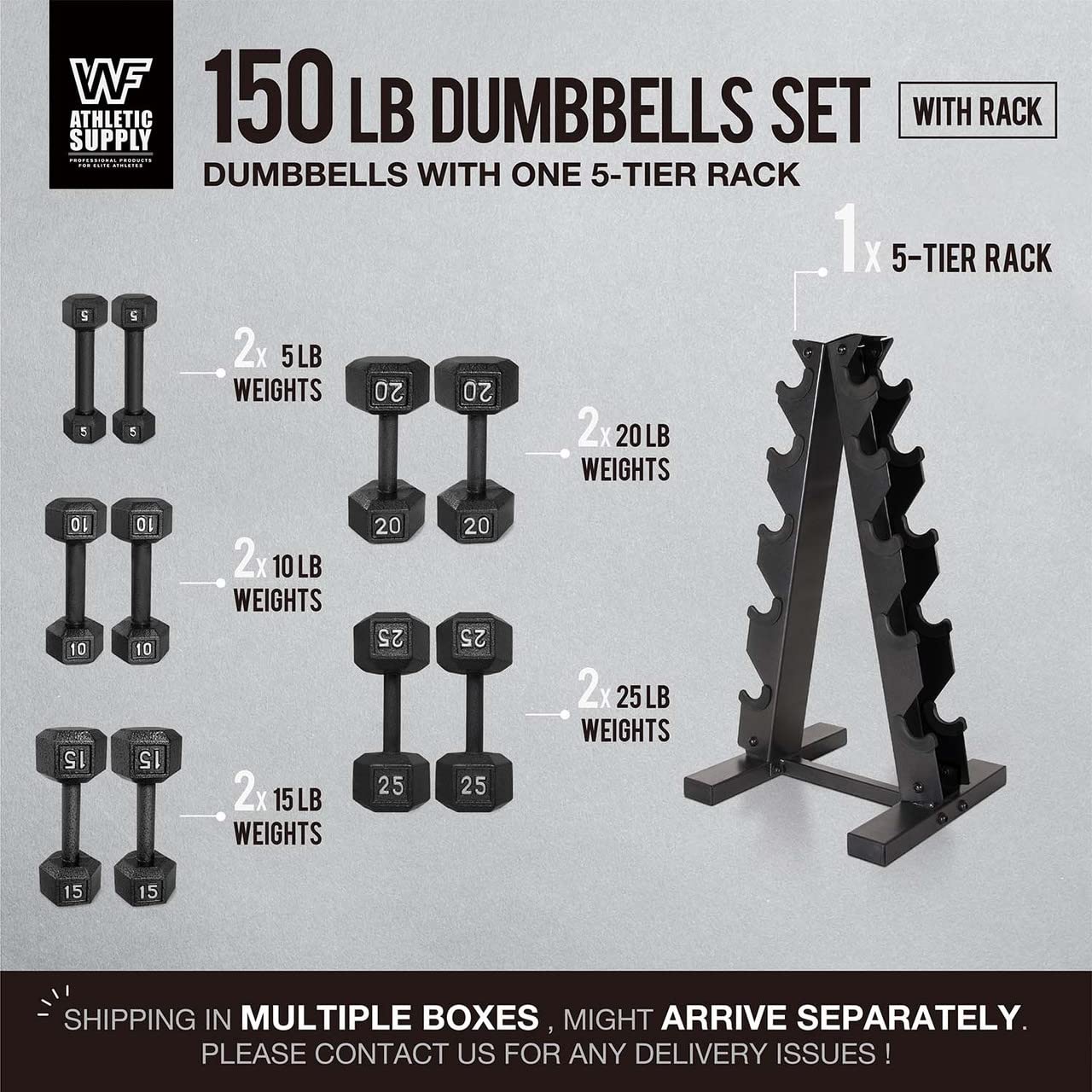 WF Athletic Supply 5-25 Lb Cast Iron Dumbbells Set with A-Frame Storage Rack - Solid Gray/Black Hexagon Free Weights for Weightlifting, Strength Training & Home Gym | Durable Fitness Equipment for Men & Women | Perfect for Garage, Basement & Home Workouts