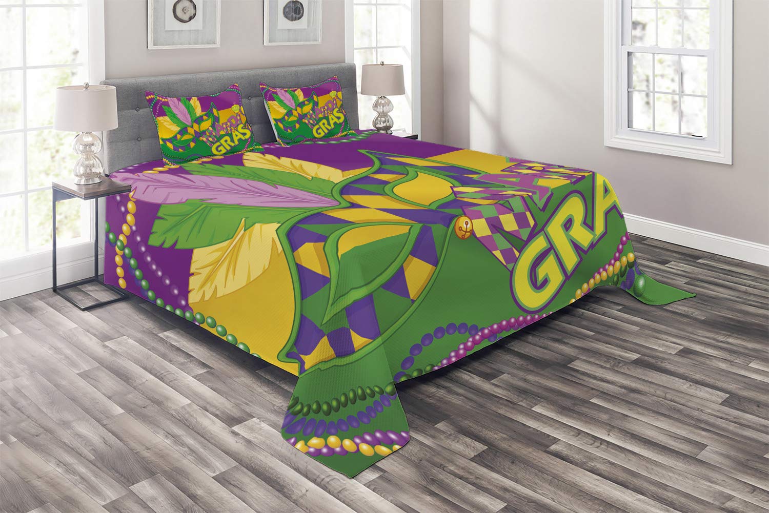 Ambesonne Mardi Gras King Size 3-Piece Quilted Bedspread Set with 2 Pillow Shams - Vibrant Lime Green & Magenta Design Featuring Colorful Bands, Beads, Feathers and Crown Patterns | Perfect for Carnival Themed Bedrooms, Festive Home Decor and Holiday Guest Rooms