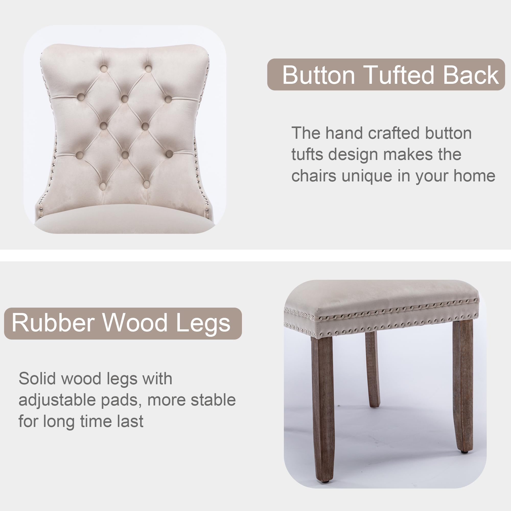 Luxury Velvet Upholstered Dining Chairs - Contemporary Button Tufted Design with Nailhead Trim & Wood Legs - Elegant Kitchen & Dining Room Furniture Set of 2 (Beige) - Perfect for Formal Dining, Entertaining Guests & Modern Home Decor