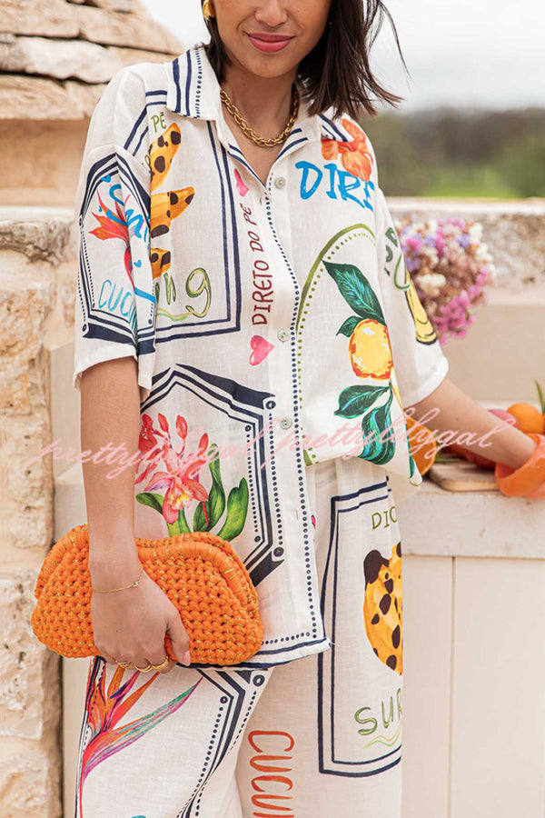 Summer Floral Fruit Print Casual Short Sleeve Shirt & Elastic Waist Loose Wide Leg Pants Set - Women's Comfortable Outfit for Beach Vacation, Shopping, and Daily Wear