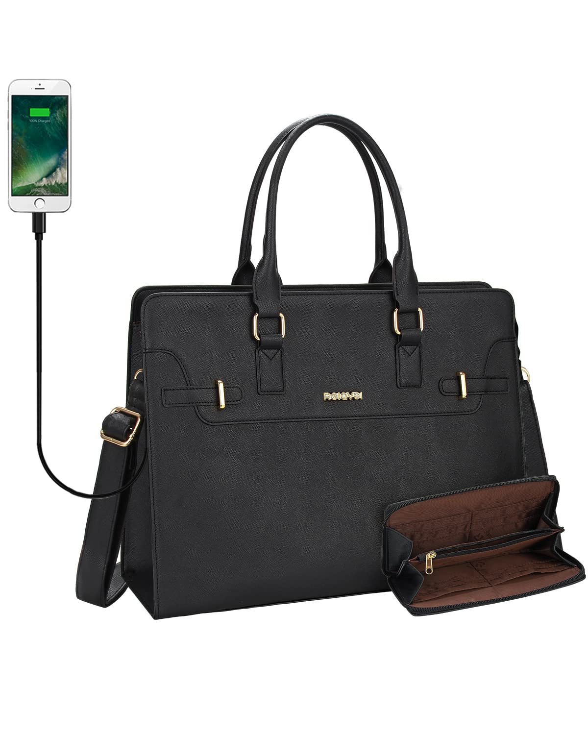 Premium Leather Laptop Tote Bag for Women - Waterproof 15.6 Inch Business Briefcase with USB Charging Port - Stylish Work Bag & Casual Shoulder Purse (2-Piece Set, Black) - Perfect for Office Commute, Business Travel & Daily Use
