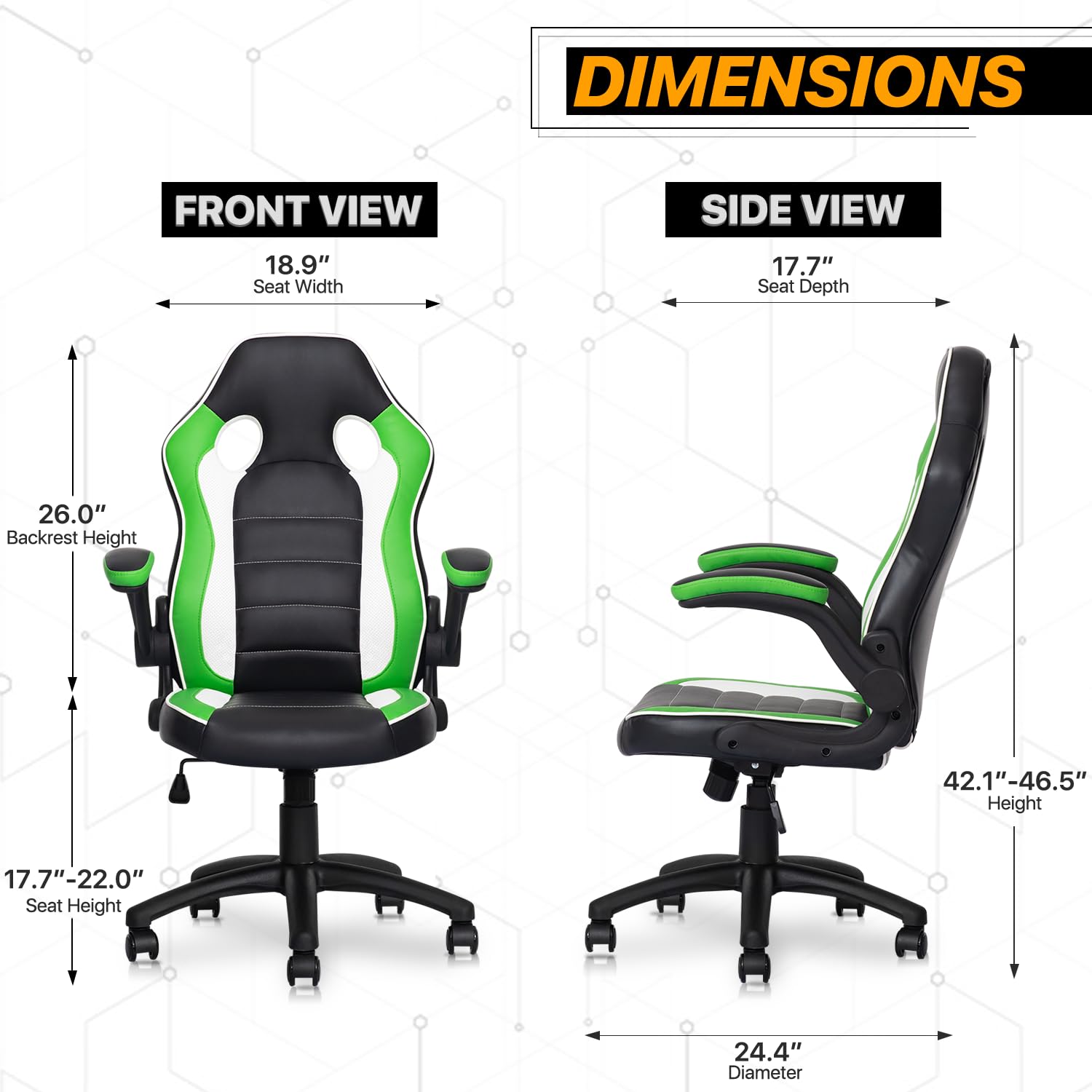 MoNiBloom Ergonomic Gaming Chair - Adjustable Swivel Computer Chair with Padded Flip-up Arms & Wheels for Teens & Adults - Green Video Game Chair for PC Gaming, Office Work & Home Use