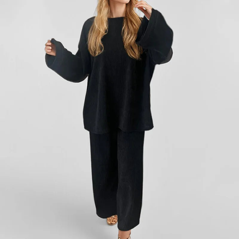 Women's Autumn Winter Corduroy Pants Set - Loose Fit Long Sleeve Wide Leg Two Piece Outfit for Casual Wear & Office Commuting