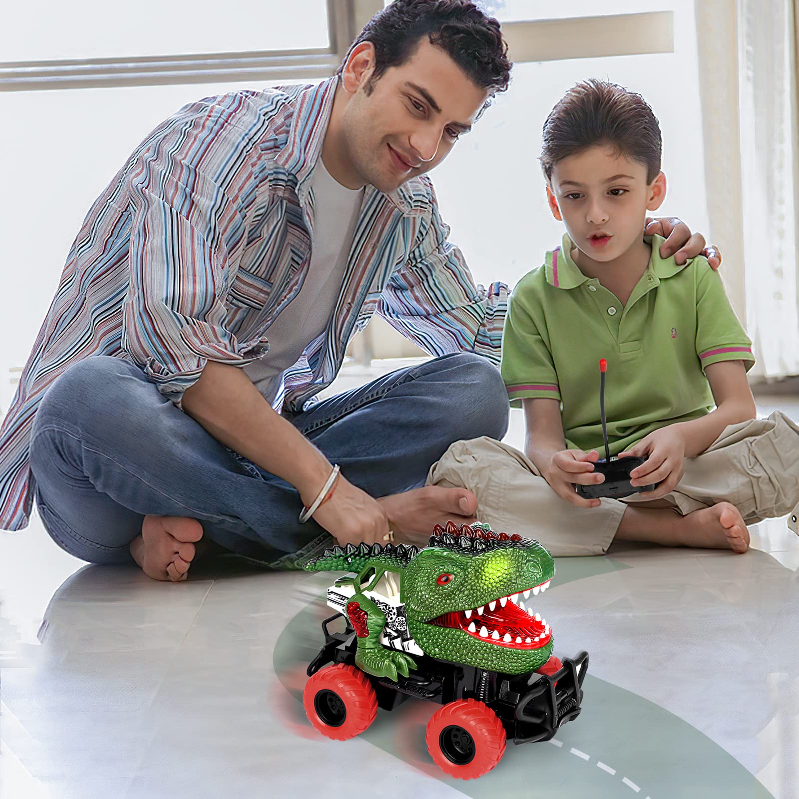Dinosaur Remote Control Car for Kids - Rechargeable RC Toy for Boys & Girls Ages 3-12 | Interactive Dinosaur Vehicle with Lights & Sounds | Perfect Birthday, Christmas & Easter Gift for Toddlers (Green) - Fun Indoor & Outdoor Play for Preschool Learning & Imaginative Play