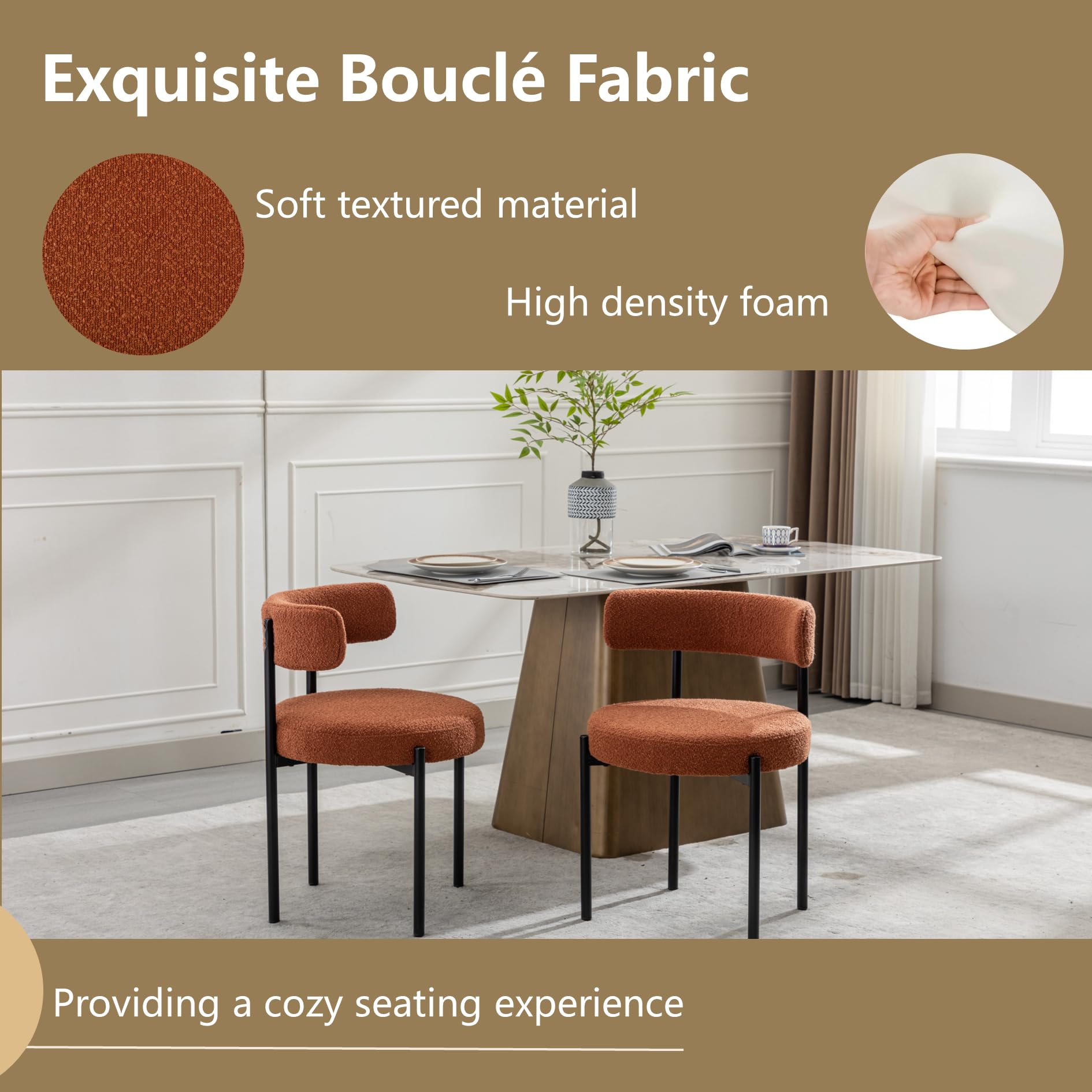 Rust Dining Chairs Set of 4 - Mid-Century Modern Upholstered Boucle Kitchen & Dining Room Chairs with Black Metal Legs - Perfect for Farmhouse, Contemporary & Small Space Dining Areas