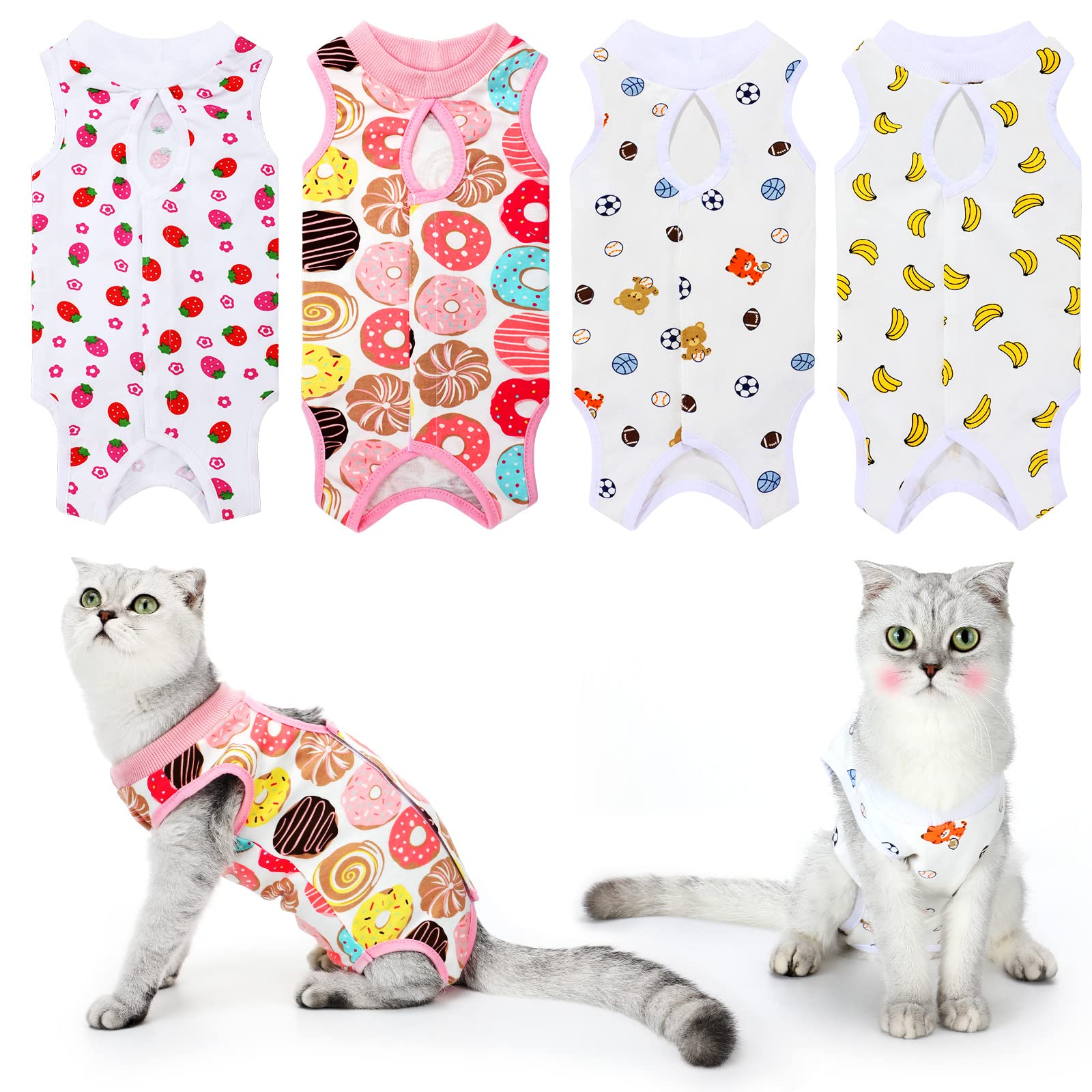4 Pcs Cat Recovery Suits - Post-Surgery Breathable Pet Bodysuit for Cats & Small Dogs - Soft Abdominal Wound Protection (Banana, Football, Strawberry, Donut, Size S) - Ideal for Spay/Neuter Recovery & Wound Healing