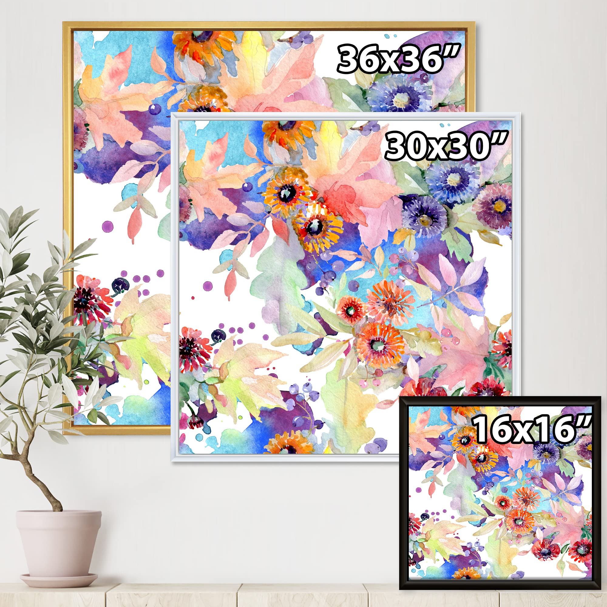 DesignQ Floral Botanical Flowers Framed Canvas Wall Art Print - Modern Home Decor for Living Room, Bedroom & Office
