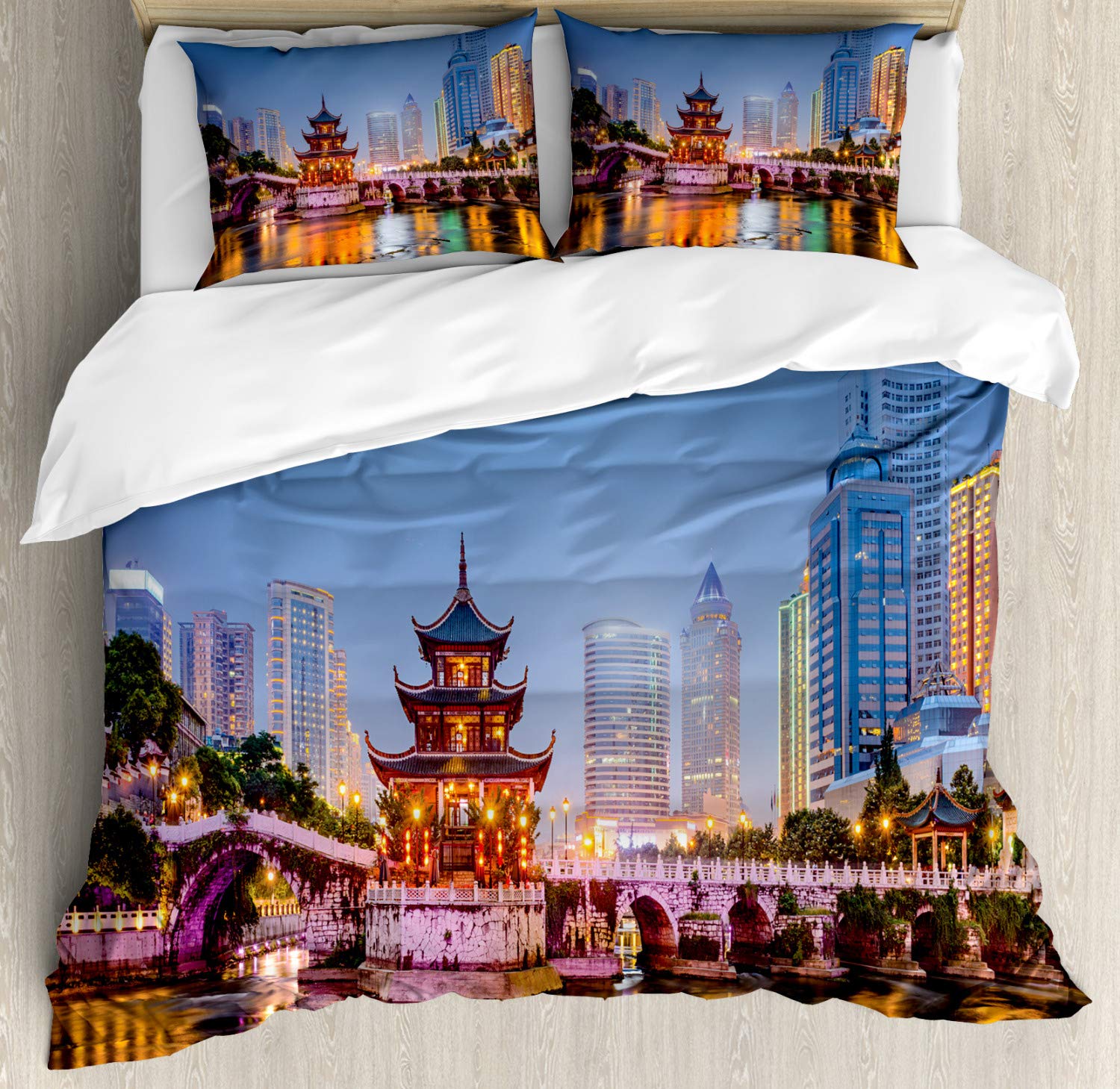 Ambesonne City Duvet Cover Set | Guiyang China Skyline with Jiaxiu Pavilion on Nanjing River | 3-Piece King Size Bedding Set with 2 Pillow Shams | Multicolor Cityscape at Dusk | Perfect for Modern Bedroom Decor & Urban Theme Home Styling