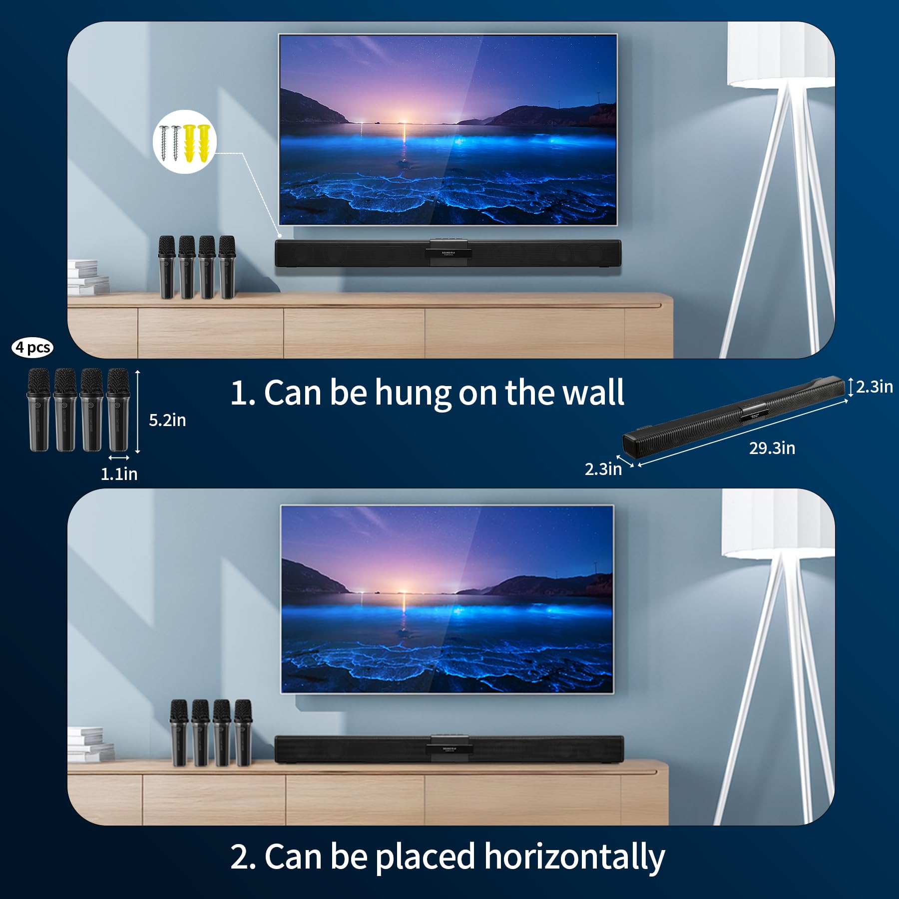 Premium Bluetooth Soundbar for Smart TV with 4 Wireless Mics - AUX/USB/TF/Coaxial Inputs, Surround Sound System (Black) - Perfect for Home Theater, Gaming & Movie Nights
