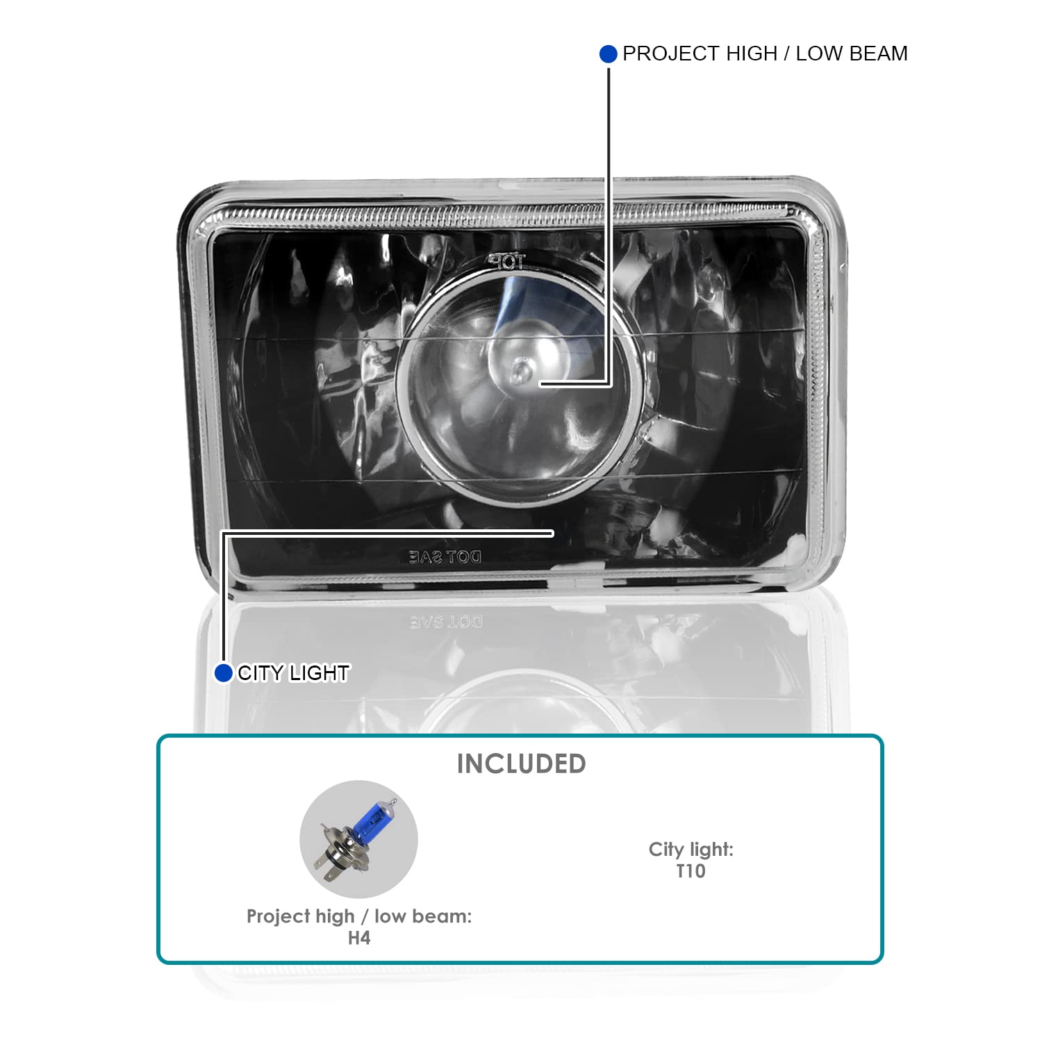 Spec-D Tuning 4Pc Black 4x6 Square Diamond Cut Projector Headlights with H4 Bulbs Conversion Kit - Left & Right Pair Headlamp Assembly for Improved Night Visibility & Style Upgrade | Perfect for Jeep Wrangler, Ford Bronco & Off-Road Vehicles
