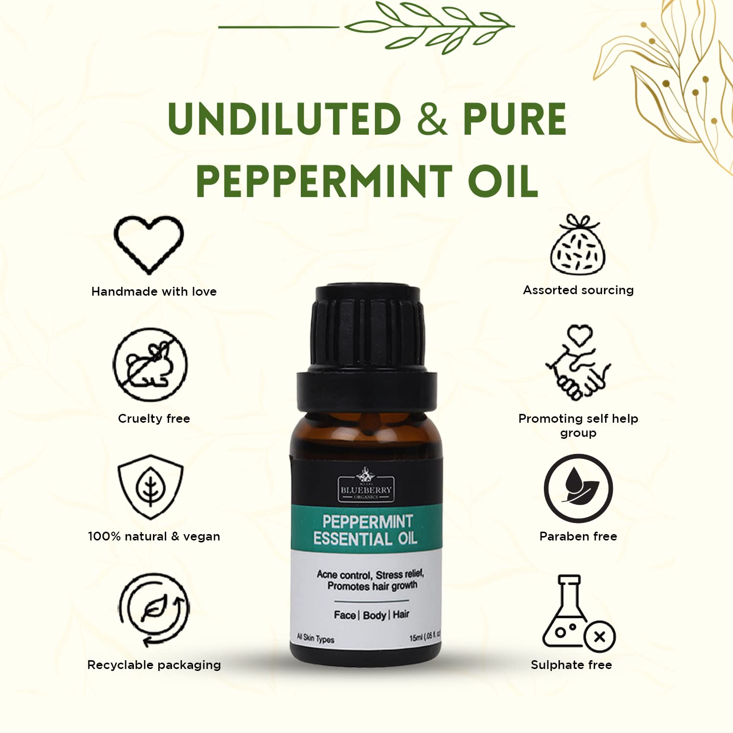 Organic Peppermint Essential Oil for Skin & Hair - 100% Pure Natural Aromatherapy Oil - 15ml Bottle for Relaxation, Stress Relief & DIY Beauty Products