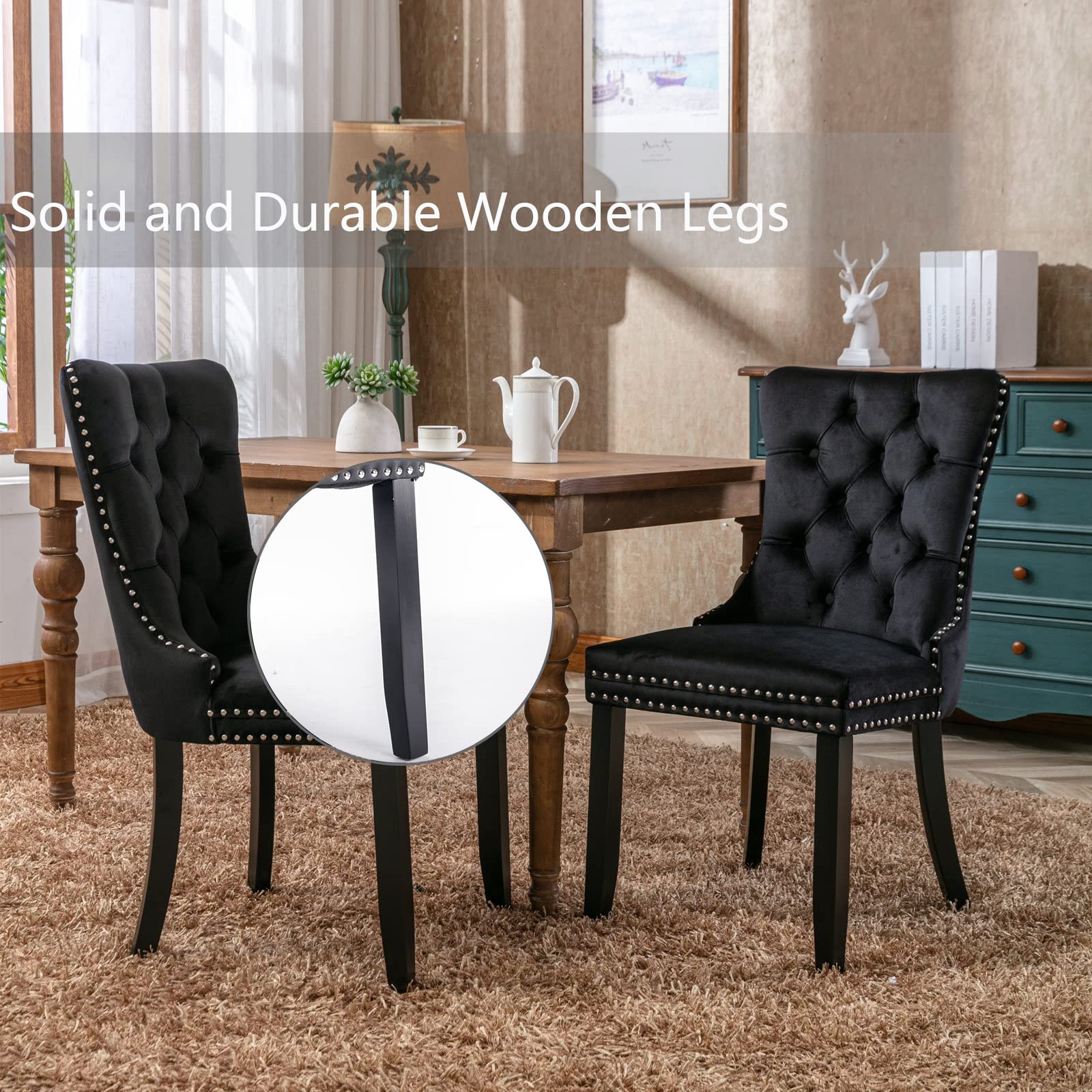 Luxury Black Velvet Dining Chairs Set of 4 - Modern Upholstered Dining Room Chairs with Elegant Back Ring Pull Trim & Sturdy Solid Wood Legs - Perfect for Dining Room, Kitchen, Living Room & Home Office Decor (Black)