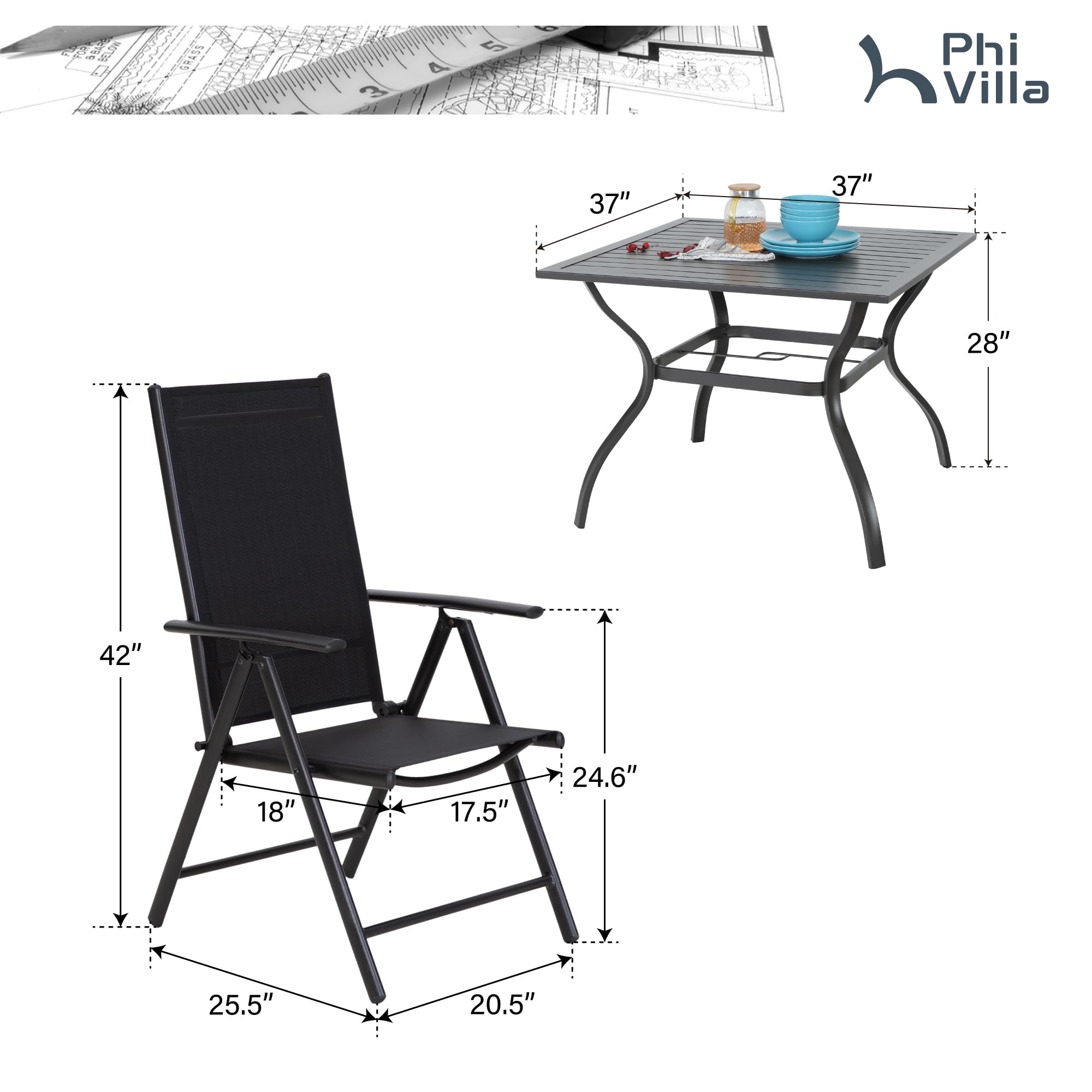 PHI VILLA 5-Piece Outdoor Patio Dining Set with Square Table & 4 Adjustable Folding Chairs - Black - Perfect for Backyard, Garden, Deck or Poolside Entertaining (Includes 1.57