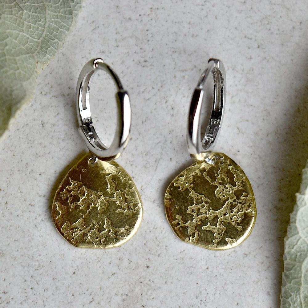 Stylish 'Ashes' Silver Huggie Hoop Earrings with Delicate Brass Drop - Perfect for Everyday Wear & Special Occasions